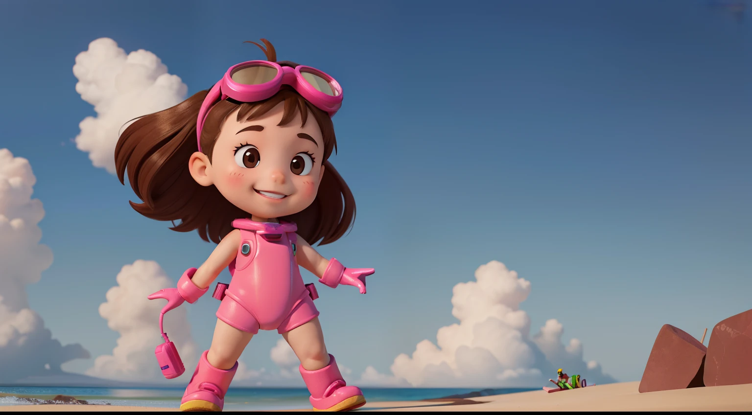 "Frontal image of a 5-year-old girl, standing, happy, with brown hair, brown eyes, rosy cheeks, arms spread out, legs apart, clean background, diving goggles, pink diving suit, diving gloves, diving shoes, in a children's book illustration style, 2D."