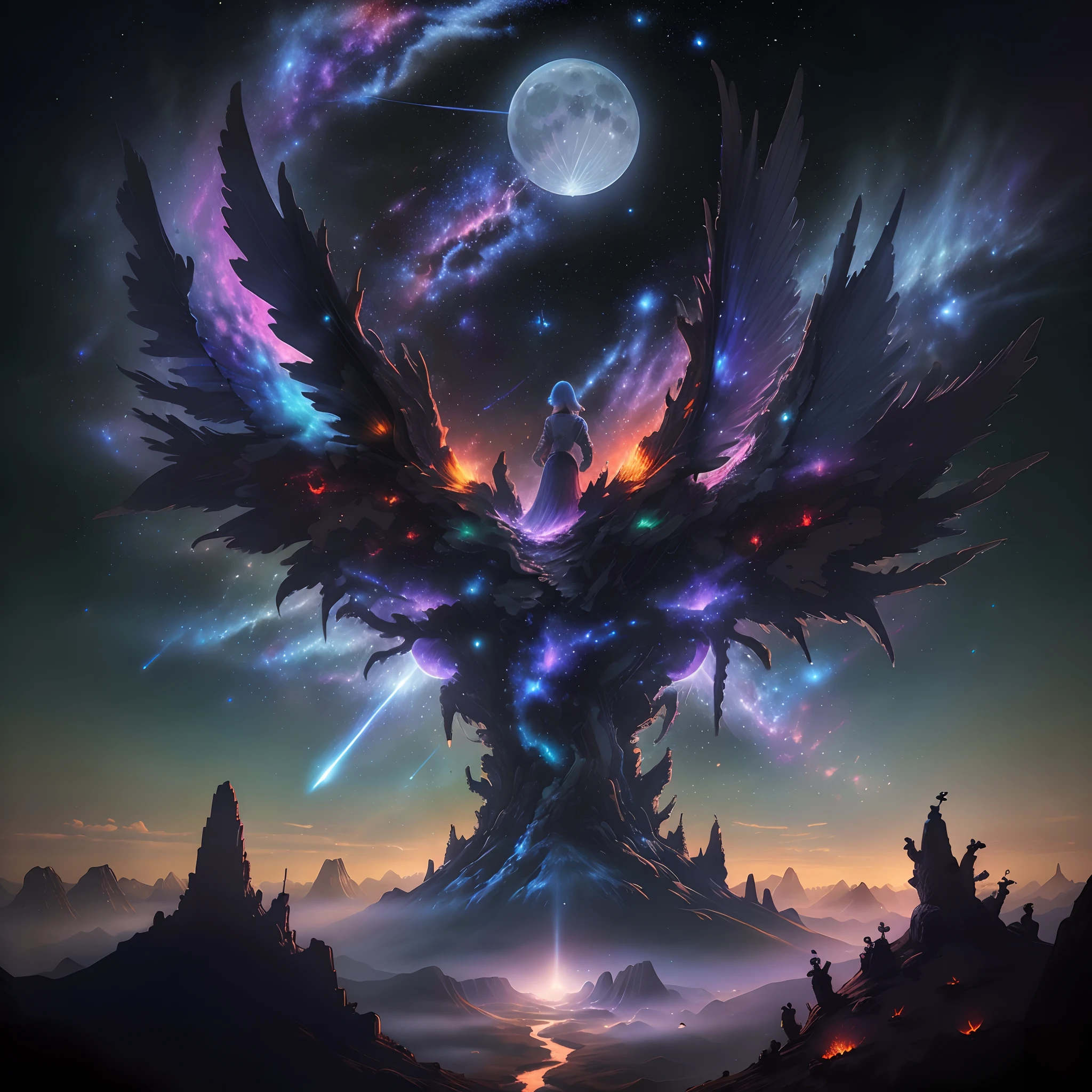 expansive landscape photograph , (a view from below that shows sky above and open field below), a girl with wings standing on forest edge looking up, (full moon:1.2), ( shooting stars:0.9), (nebula:1.3), distant mountain, dragon flying, tree BREAK
production art, (warm light source:1.2), (Firefly:1.2), lamp, lot of purple and blue, intricate details, volumetric lighting, realism BREAK
(masterpiece:1.2), (best quality), 4k, ultra-detailed, (dynamic composition:1.4), highly detailed, colorful details,( iridescent colors:1.2), (glowing lighting, atmospheric lighting), dreamy, magical, (solo:1.2)