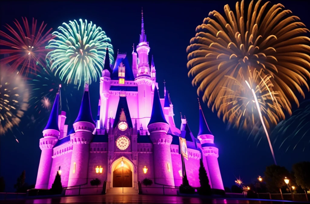 brilliant fireworks over lighted gorgeous castle