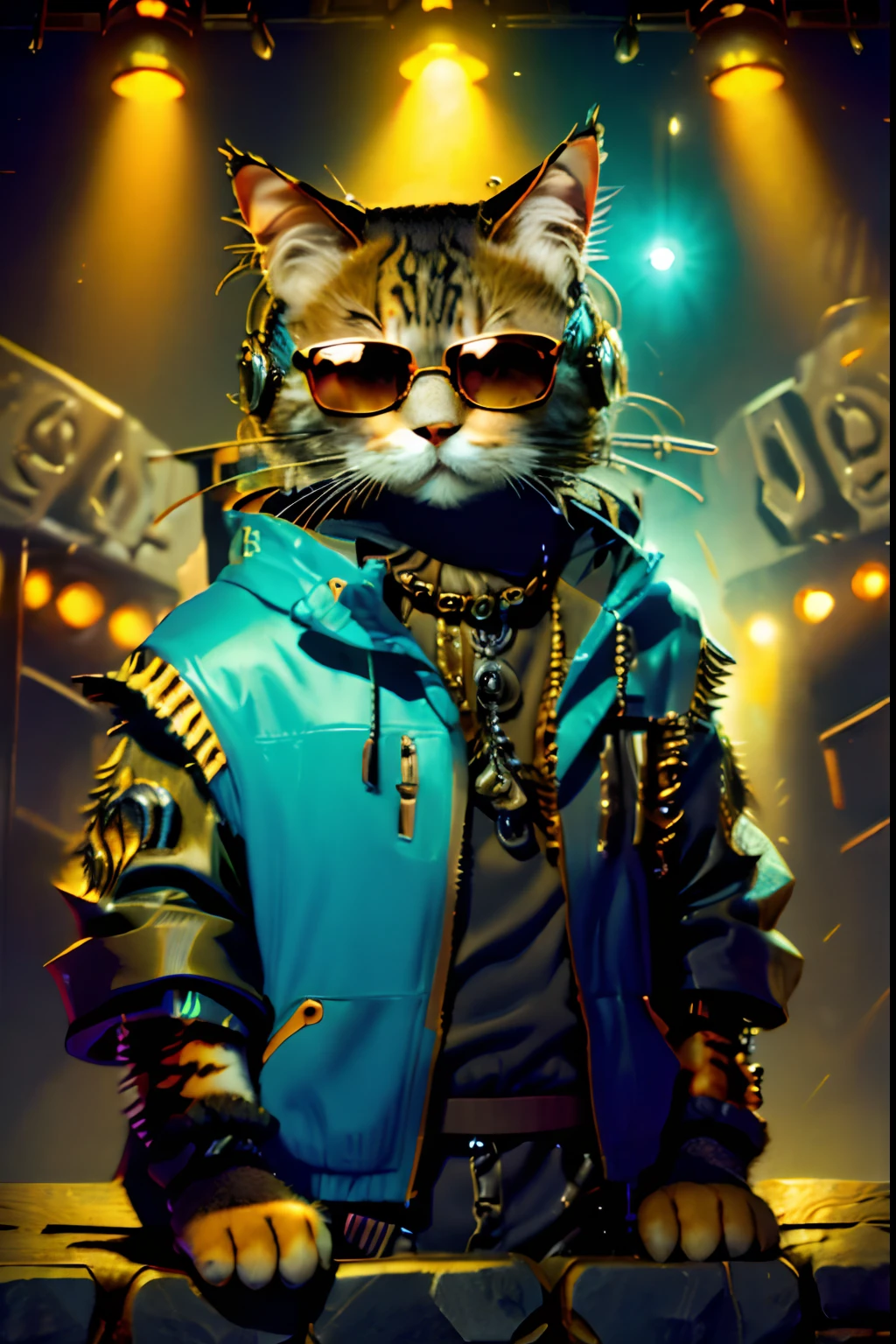 Animal rock stage,Stylish mechanical cat DJ,Cat wears punk headphones,The cat is dressed in a rock costume,With sunglasses