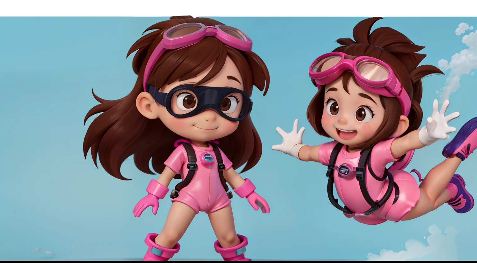 "Frontal image of a 5--old l, standing, happy, with brown hair, brown eyes, rosy cheeks, arms spread out, legs apart, clean background, diving goggles, pink diving suit, diving gloves, diving shoes, in a children's book illustration style, 2D."
