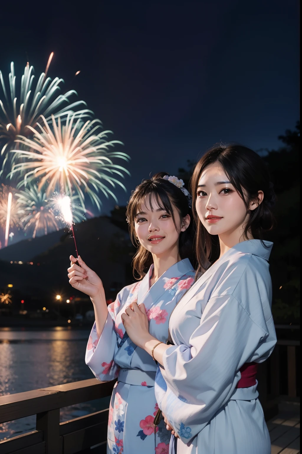 Beautiful mature woman and beautiful girl in yukata doing hand-held fireworks