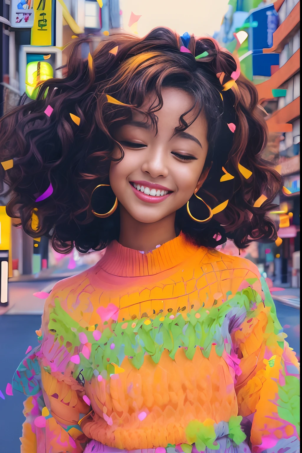 1 fille, mignon, jolie visage mignonne, peau noir metis, curly brown hair with a small yellow chee and a diagonal light of 12 ° and a large constraste of light, eyes closed, jolie sourire, dents blanche, Colorful rainbow sweater, grande boucle d'oreille arc-en-ciel, rue de tokyo, hyper realiste