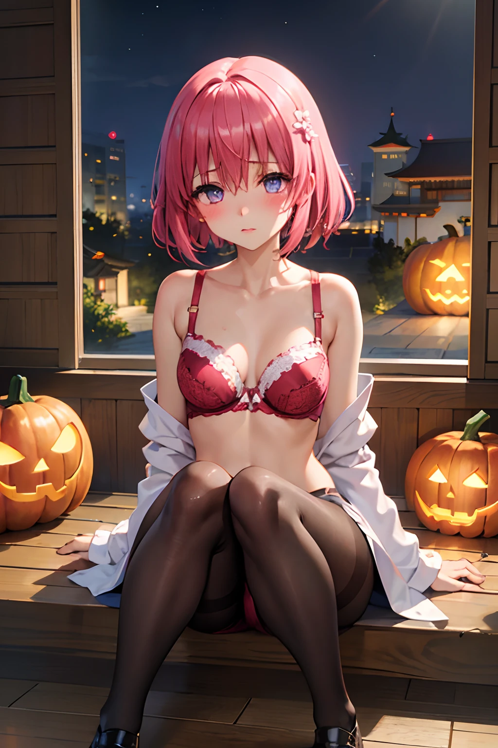 (top-quality:1.1), (​masterpiece:1.4), (absurderes:1.0), portlate, a closeup,
1girl in、Momovelia Deviluk、hair adornments、bob cuts、Shorthair pink hair、a purple eye、Medium chest、((shrine maiden clothe))、looking at the viewers、Bedroom、(red blush:1.2)、embarassed expression、(((pantyhose)))、black backgrounds、((a miniskirt))、((Opening legs))、long boots、Pumpkin Lantern、fullmoon、(red bra)