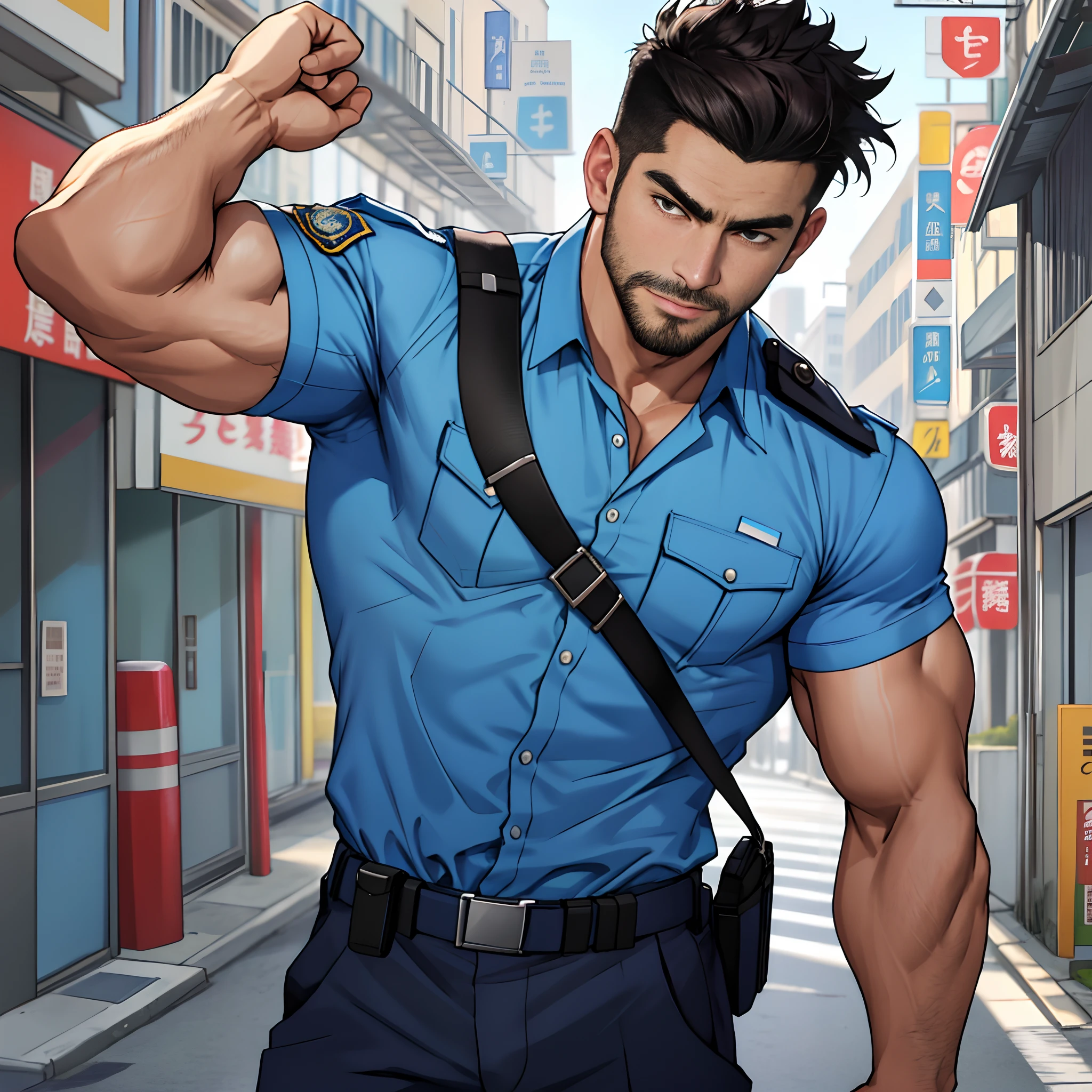 best qualtiy， tmasterpiece， 超高分辨率， detailedbackground， photorealestic， illustratio， Single， 1   boy， Muscle men， sbeard， Police， the street， musculature， Handsome and mature face shape， Volumetriclighting， depth of fields， Blue short-sleeved shirt police uniform