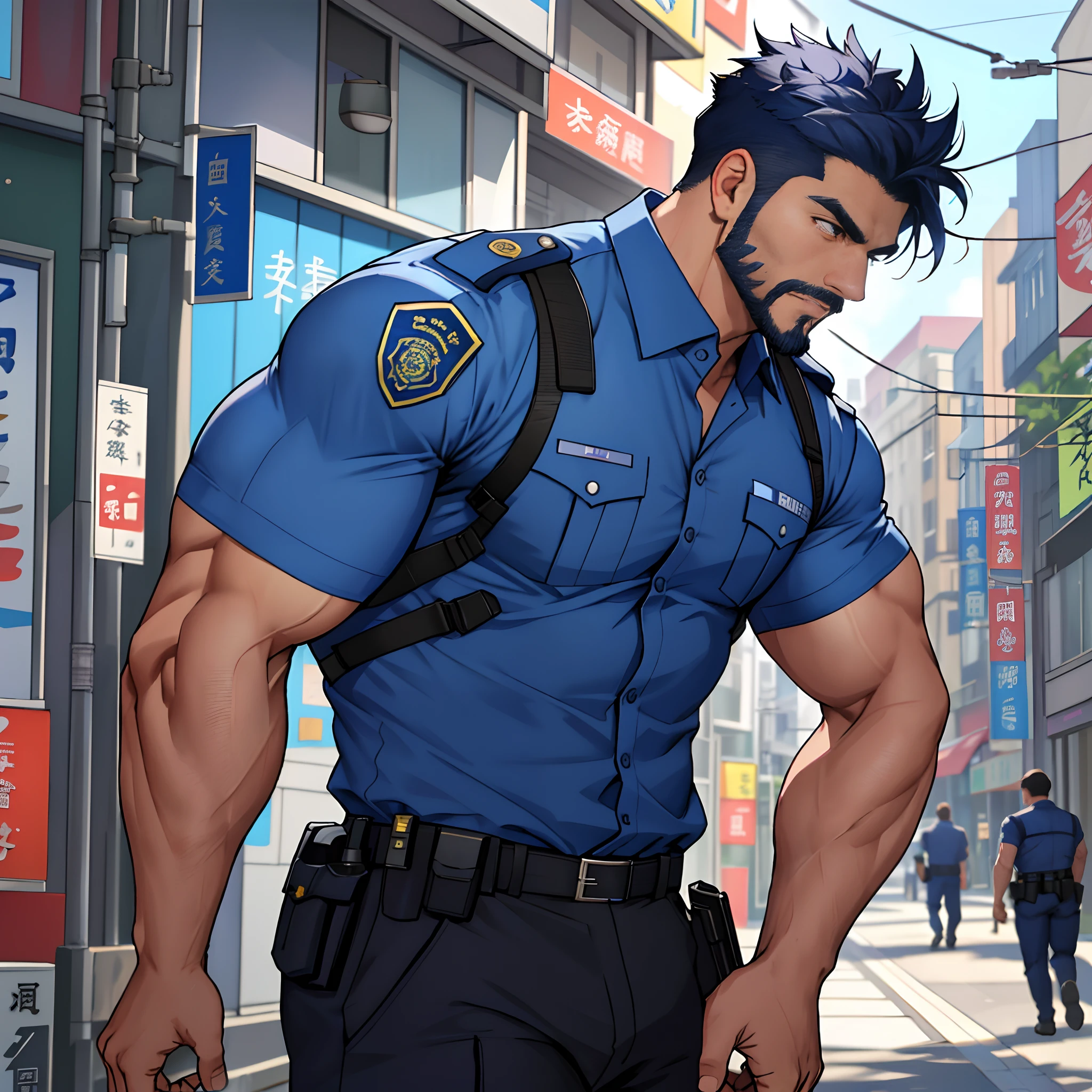 best qualtiy, tmasterpiece, 超高分辨率, detailedbackground, photorealestic, illustratio, Single, 1 boy, Muscle men, sbeard, Police, the street, musculature, Facial hair, Volumetriclighting, depth of fields, Blue short-sleeved shirt police uniform