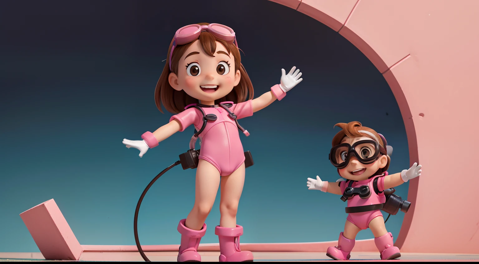 "Frontal image of a 5--old l, standing, happy, with brown hair, brown eyes, rosy cheeks, arms spread out, legs apart, clean background, diving goggles, pink diving suit, diving gloves, diving shoes, in a children's book illustration style, 2D."