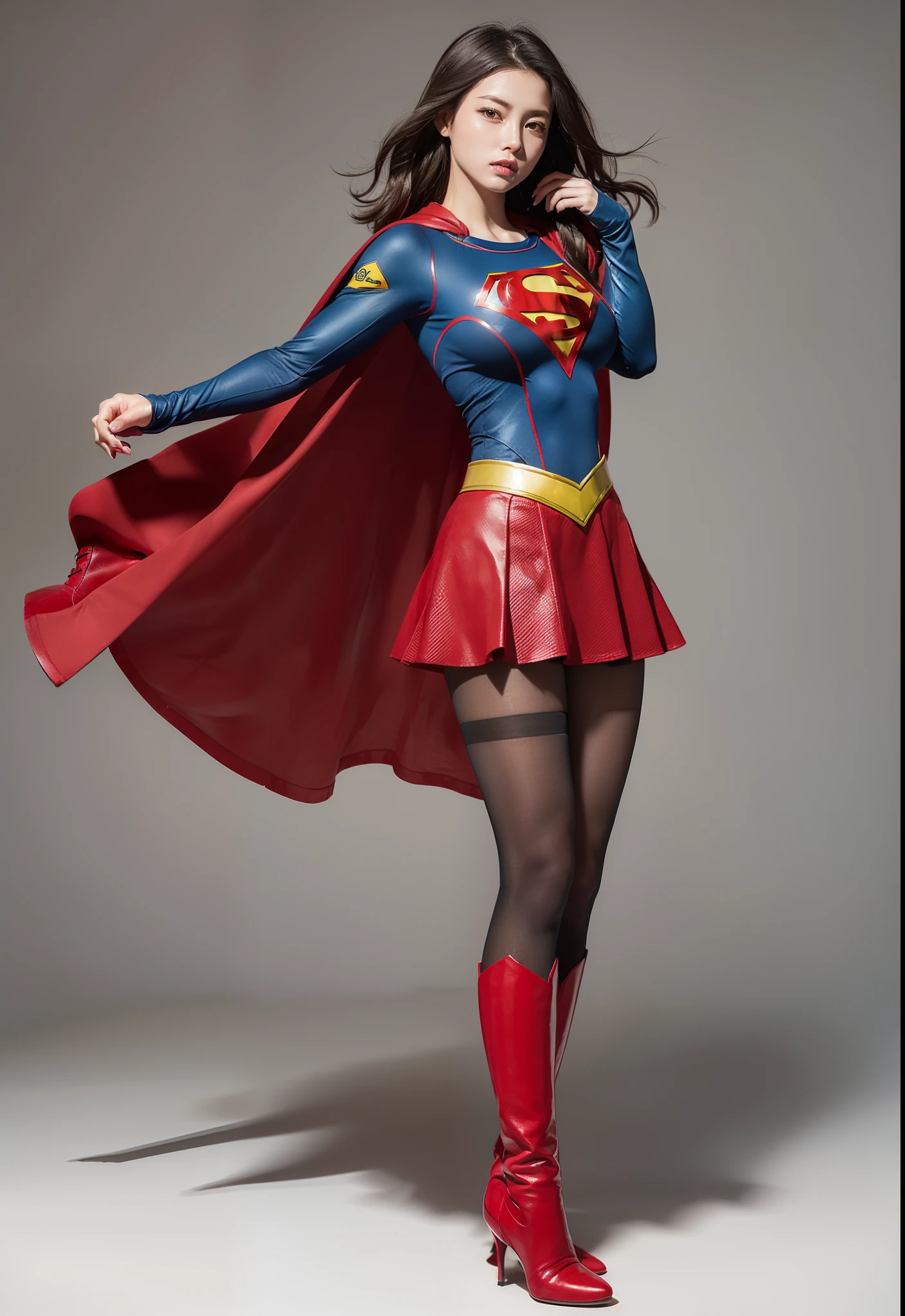 (((Make the most of the original image)))、(((Supergirl Costume)))、(((lustrous dark hair)))、(((Suffering)))、(((Feet must necessarily be worn with black tights)))、(((You need to wear red boots)))、((Top image quality、8K))、((top-quality、8K、masterpiece:1.3))、Crisp focus:1.2、Beautiful woman with perfect body shape:1.4、Slender Abs:1.2、((layers-Cut、large boob:1.2))、a wet body:1.5、Highly detailed facial and skin texture、
