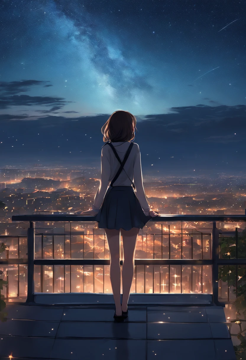 Anime girl standing on roof looking at night sky with stars, Anime wallpaper 4K, Anime wallpaper 4 k, 4K anime wallpaper, Anime art wallpaper 8 K, Anime art wallpaper 4k, Anime art wallpaper 4 K, style of anime4 K, Makoto Shinkai Cyril Rolando, 4k manga wallpapers, anime wallpaper, amazing wallpapers, meteors