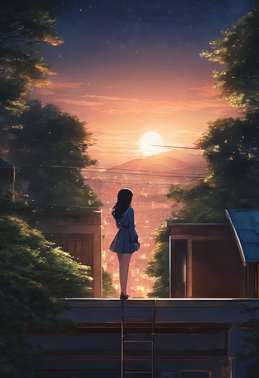 Anime girl standing on roof looking at night sky with stars, Anime wallpaper 4K, Anime wallpaper 4 k, 4K anime wallpaper, Anime art wallpaper 8 K, Anime art wallpaper 4k, Anime art wallpaper 4 K, style of anime4 K, Makoto Shinkai Cyril Rolando, 4k manga wallpapers, anime wallpaper, amazing wallpapers, meteors