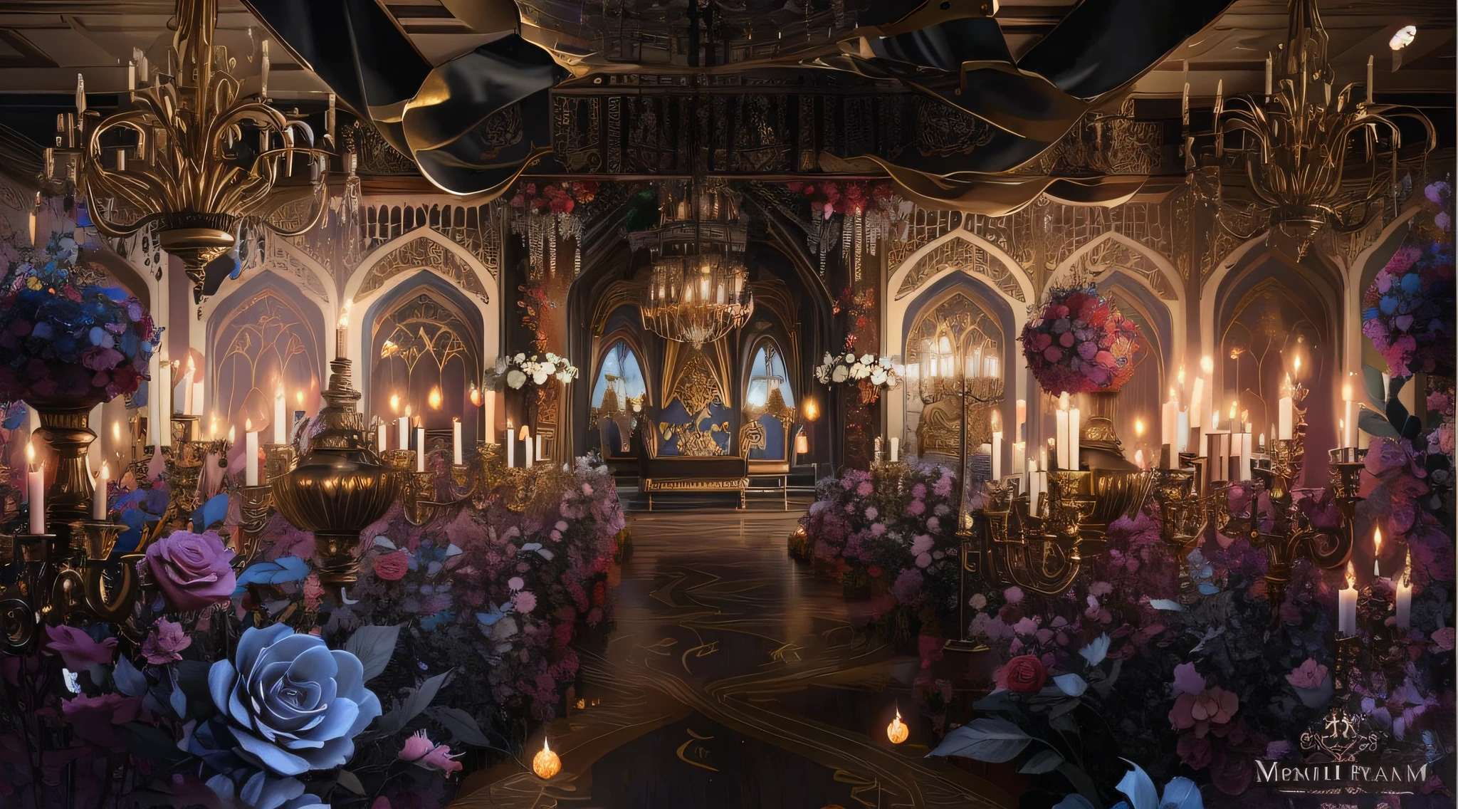 The Alalfeld Room is equipped with large flower arrangements and chandeliers, stunning arcanum backdrop, fairy tale setting, Gorgeous and complex background, intricate sparkling atmosphere, dreamy atmosphere and drama, very magical and dreamy, ornate backdrop, dreamy and detailed, dramatic theming, lavishly decorated, fantastical setting, Gothic antique theme, ornate with fiery explosions，lots of roses，crystal lamp