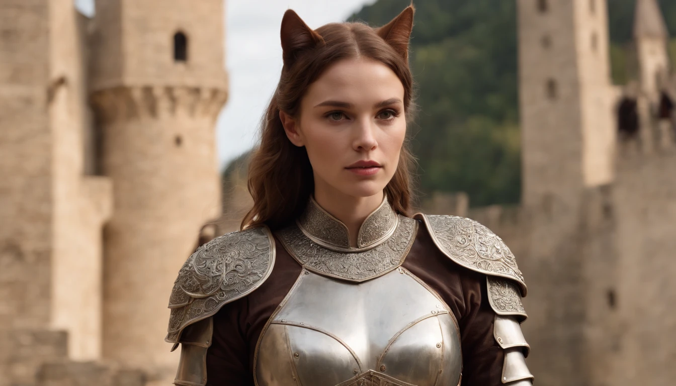 close-up, Woman ((anthropomorphic,personification, Cat head, Standing, knight, Near the castle)), Looking at Viewer, Wearing (breastplates, gorget, pauldron, expenses, vambraces, gauntlets, thighs thighs thighs thighs, greaves, Sabaton, Pauline, cups, Prackard, Rib Race, Breast Place, Falls, scabbard, Guard Braces, Shoulder Armor), nffsw