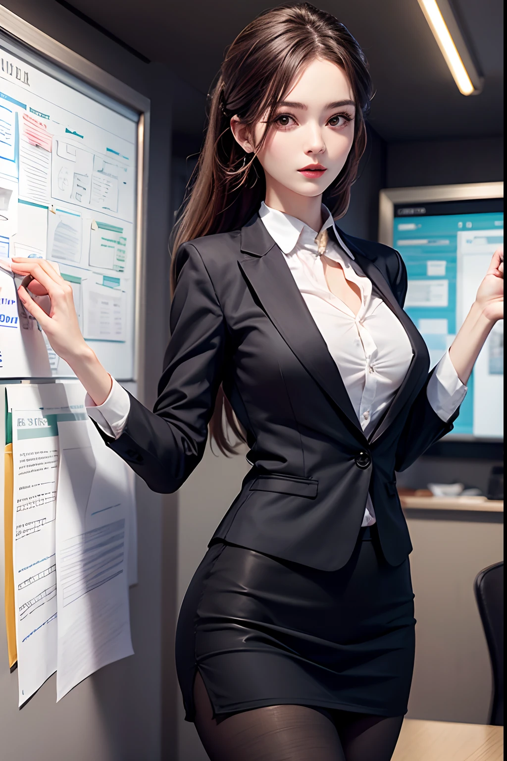 (Details of a very beautiful face), (Best Quality:1.4), 8K resolution, High resolution, 1woman, Beautiful woman, Beautiful woman of the highest grade, Super beautiful detailed face, (business suit with wide open chest:1.25), mini skirt, black pantyhose, Gloss on lips, Parted lips, Large breasts, thin waist, Large ass, giving a presentation in front of a whiteboard, conference room