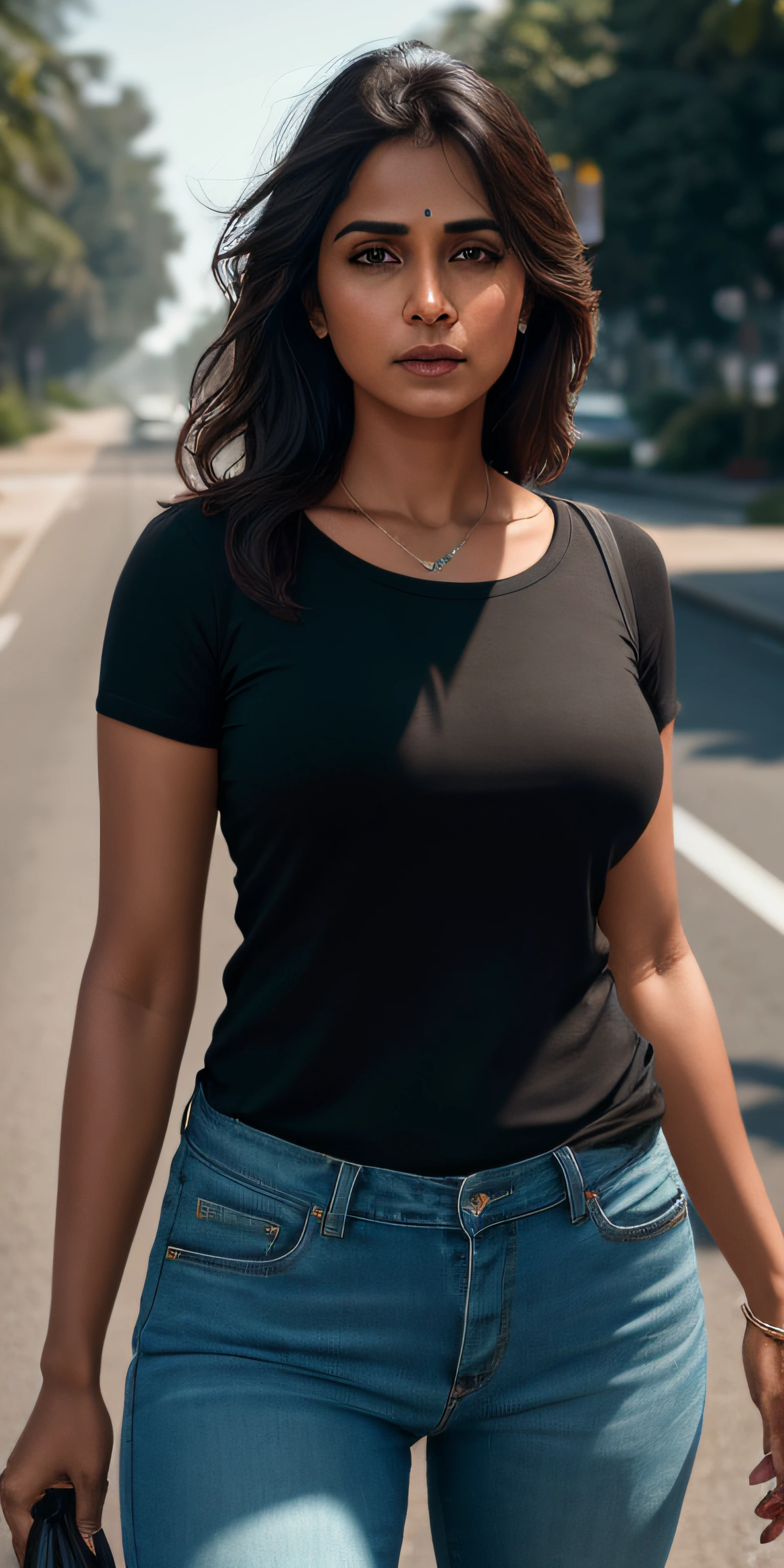beautiful mature Indian college girl, in black basic round neck Teeshirt with skinny jeans, outside on road, traffic, buildings, firm breasts, photorealistic, photo, masterpiece, realistic, realism, photorealism, high contrast, photorealistic digital art trending on Artstation 8k HD high definition detailed realistic, detailed, skin texture, hyper detailed, realistic skin texture, armature, best quality, ultra high res, (photorealistic:1.4),, high resolution, detailed, raw photo, sharp re, by lee jeffries nikon d850 film stock photograph 4 kodak portra 400 camera f1.6 lens rich colors hyper realistic lifelike texture dramatic lighting unrealengine trending on artstation cinestill 800,