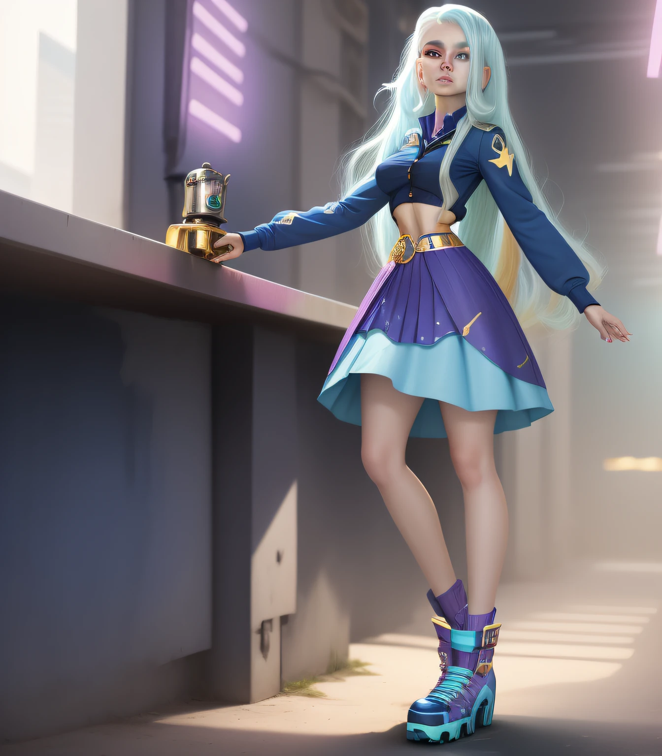 Trixie beautiful 21-year-old with luminescent violet eyes, long light pastel blue hair wearing a blue blouse with the number 1 stamped on it, gold metal bling, navy blue skirt, purple shoes, cyborg, full body