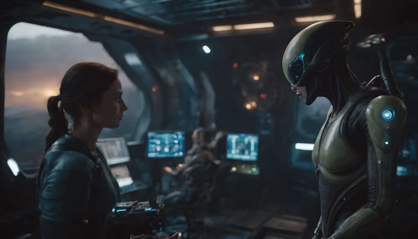 From the window you can see the scenery of the alien planet, The entire space is full of working consoles with electronics and screens, Full-HD、Man and woman fighting、fight、