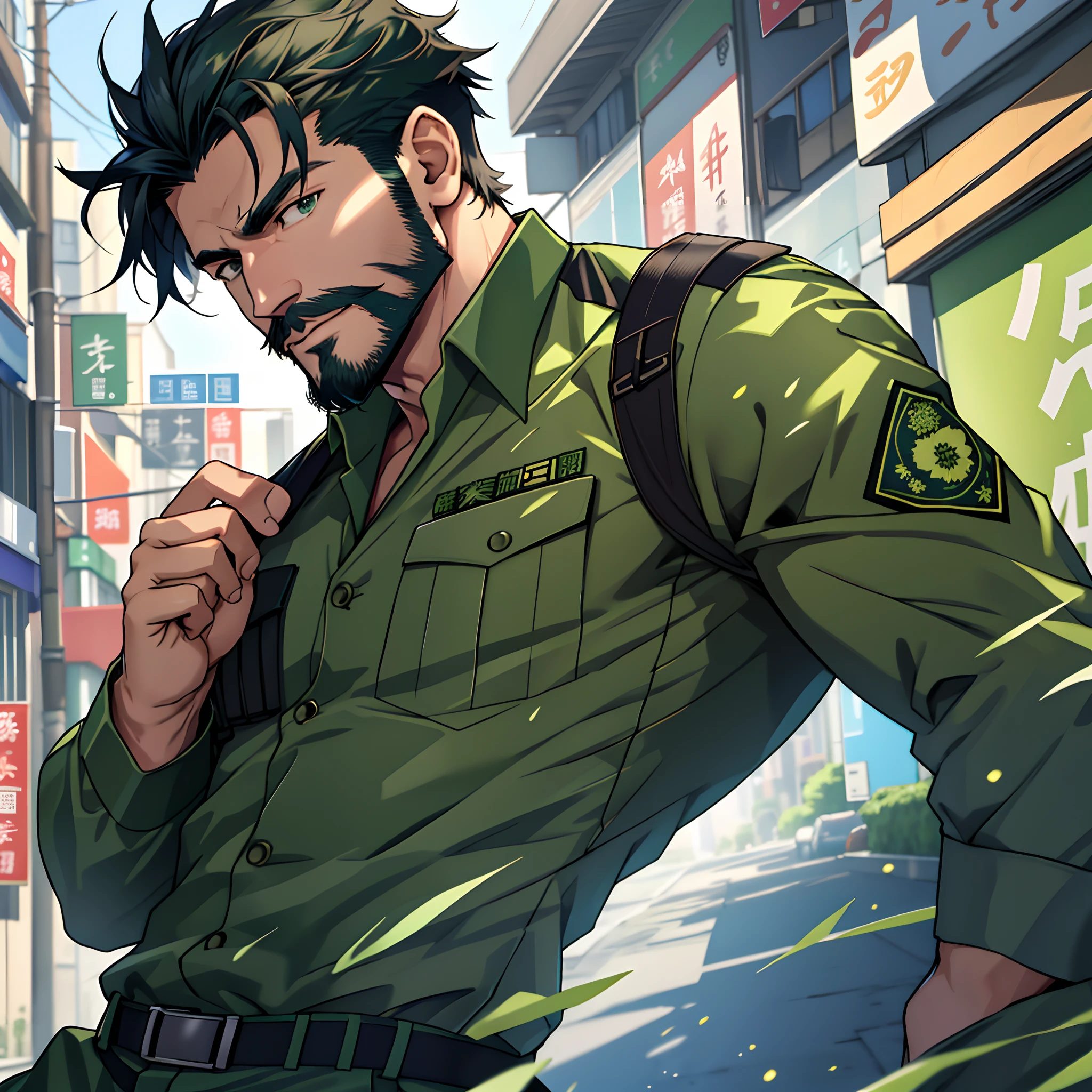 1boy, older, ((solo)), short brown hair, brown beard, camo shirt, cargo pants, (smirk), military base, day time, ((full body portrait))
