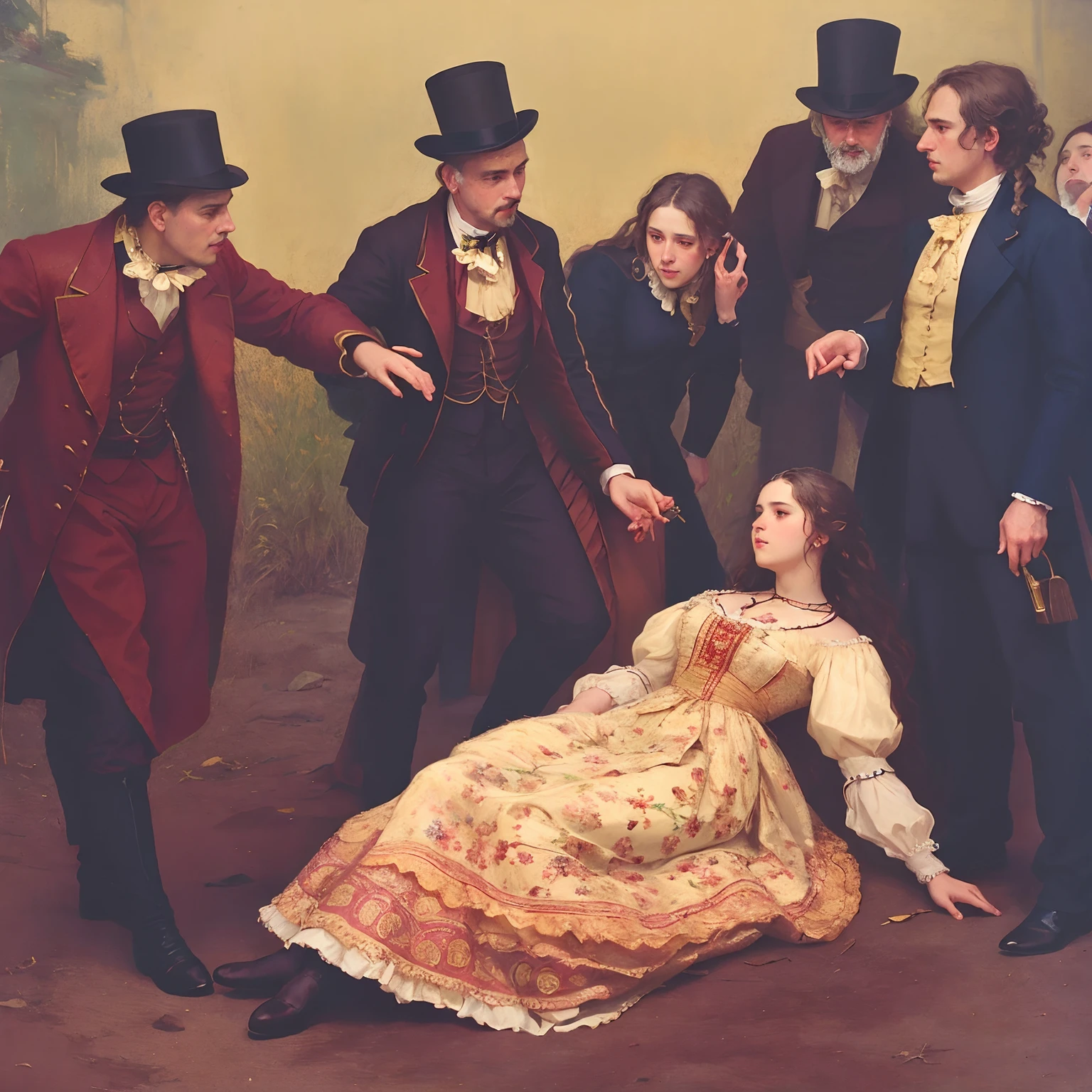 There are many people standing around a woman lying on the ground, Vitoriano, kramskoi 4 mil, Pintura da Era Vitoriana, inspirado em William Quiller Orchardson, pintura vitoriana, 1 8 5 0 s pintura de estilo, Musical, cena de supplizia, Woman, cena do filme, Victorian era, inspirado em Ivan Kramskoi, theater dance scene