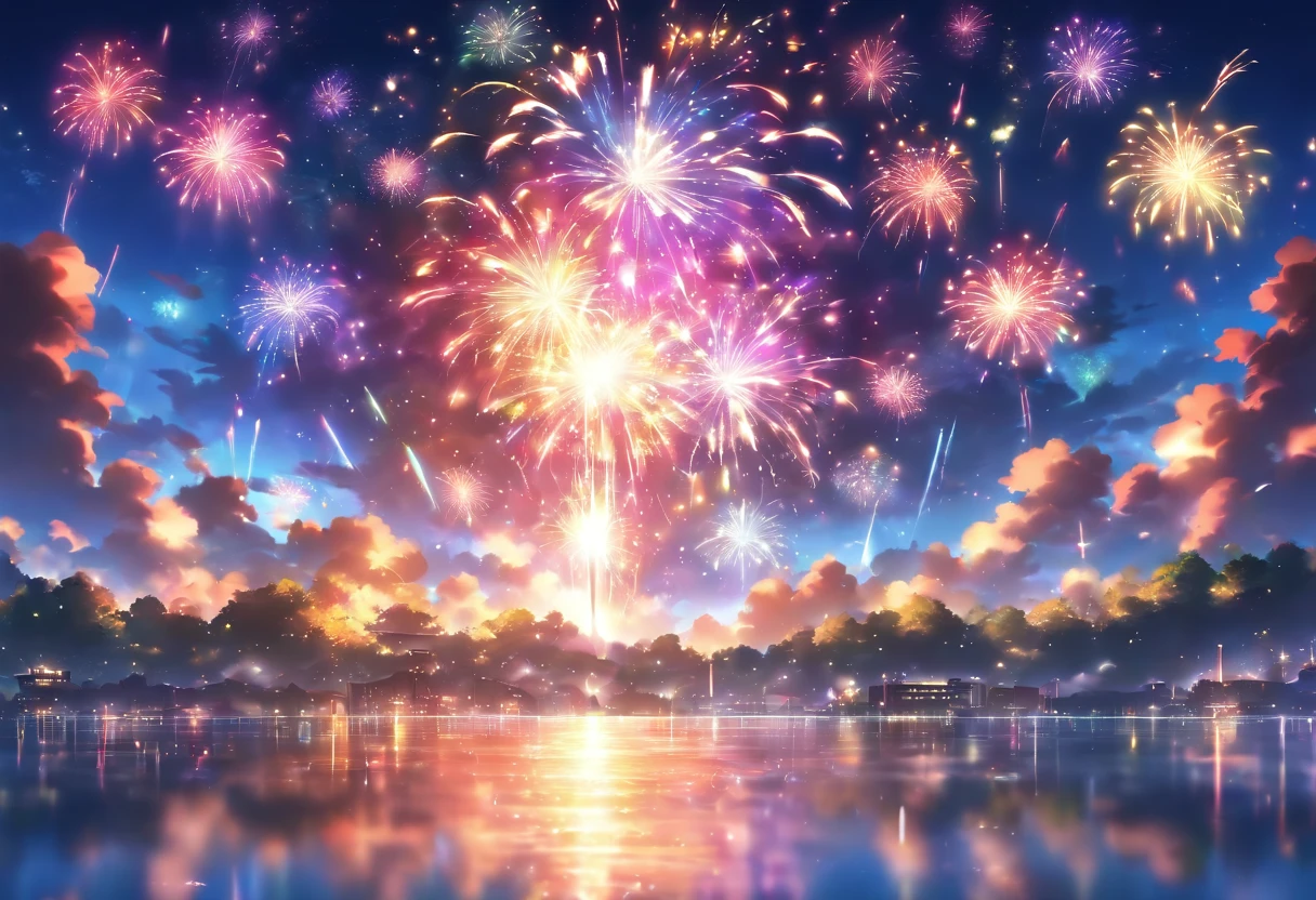 Fireworks display by the lake、Japan Fireworks Festival、lake、Fireworks in the water、Fireworks from the surface of the water、Fireworks in bloom on the surface of the water、Colorful fireworks、