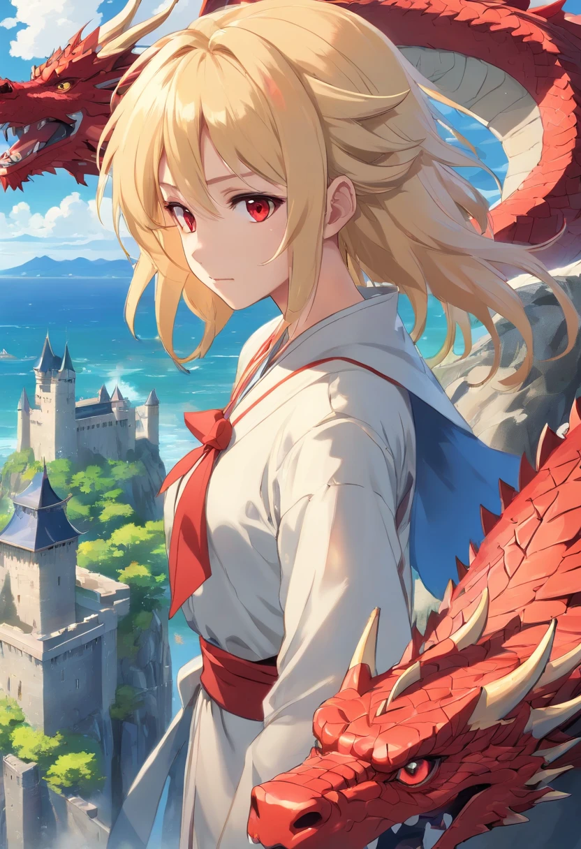 High on a majestic stone above the sea, in the background a glorious Castle rich in detail is the finest nobility that a fantasy world allows to have on top of the Stone above the sea a glorious red dragon worthy of the richest and most Fabulous stories of knights lands majestically as he looks to the horizon seeking the wisdom that the world could provide at his side a prince of the highest extirpation of hair. Blond and Red Eyes prepares to conquer all the kingdoms capable of reaching with a dragon.  --ar 1:1--V 5.1