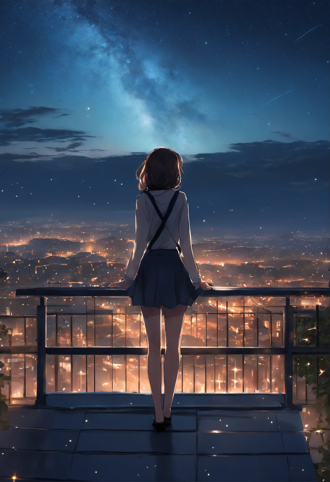 Anime girl standing on roof looking at night sky with stars, Anime wallpaper 4K, Anime wallpaper 4 k, 4K anime wallpaper, Anime art wallpaper 8 K, Anime art wallpaper 4k, Anime art wallpaper 4 K, style of anime4 K, Makoto Shinkai Cyril Rolando, 4k manga wallpapers, anime wallpaper, amazing wallpapers, meteors