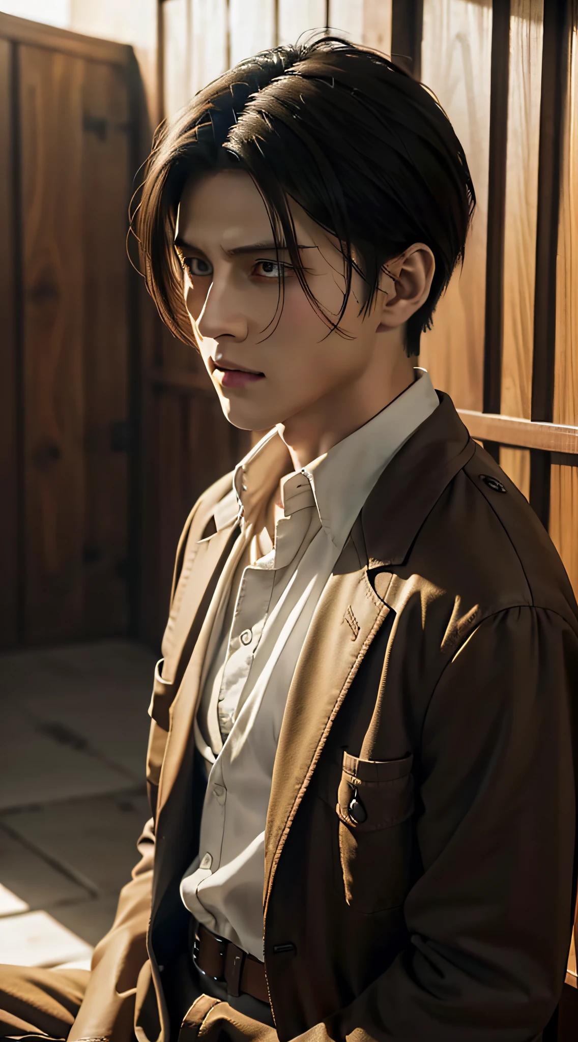 levi from attack on titan anime, dark hair, middle parted hair, white shirt, brown jacket, cream pants, realism, masterpiece, textured skin, super detailed, high detail, high quality, best quality, 1080p, 16k