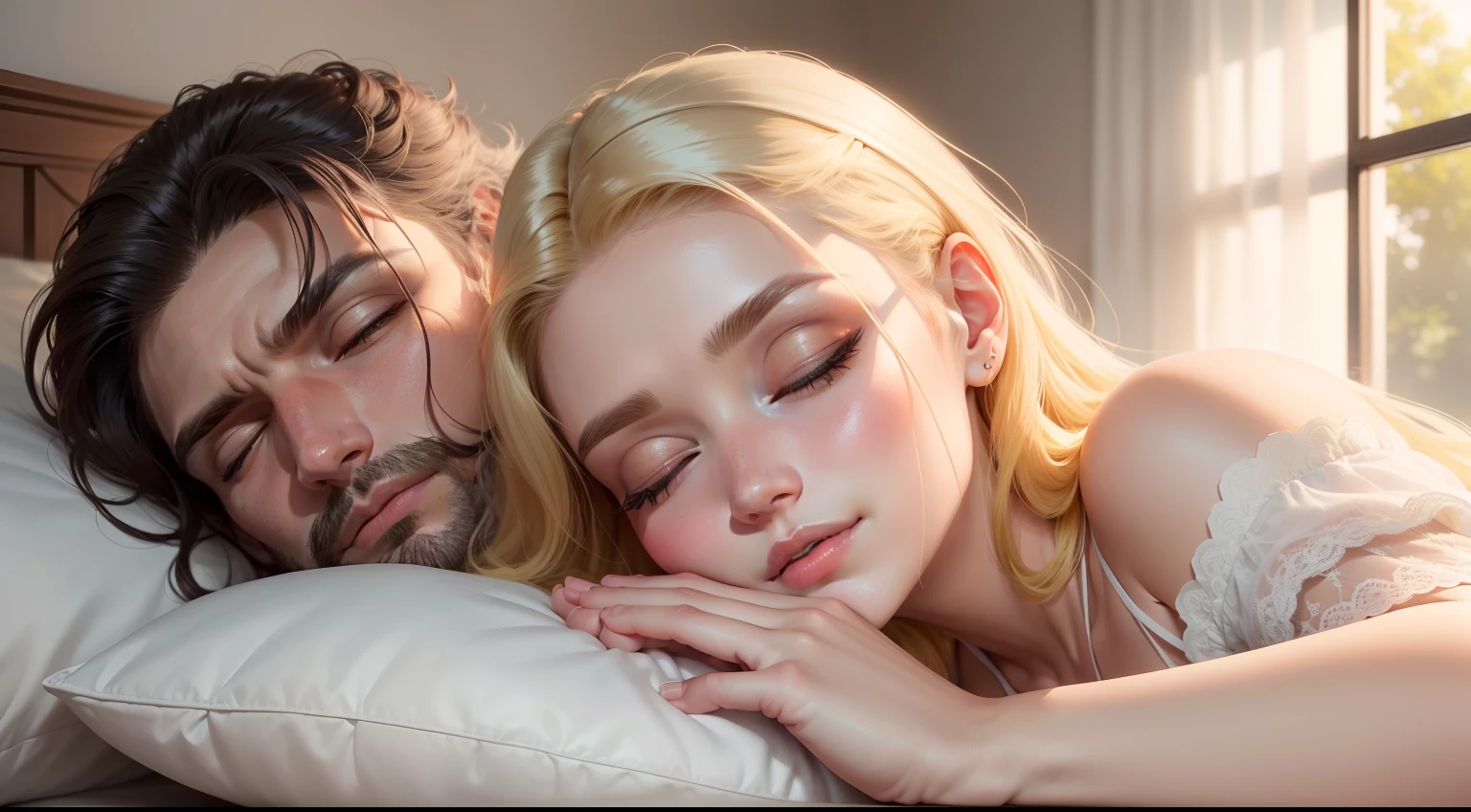 (melhor qualidade), (Super Detalhe), (cabelos desgrenhados), (illustration), (Elizabeti meditating in bed with her husband snoring next door), (Elizabeti meditating at the head of the bed), blond hair, belos olhos fechados, rosto delicado e bonito, floating, (high saturation), (brilhar), foco no rosto, cabelos pretos, franja, sorriso cheio, cabelos flutuantes, (Husband snores next to Elizabeti), pixiv illustration, Qualidade Superior, super detalhado, sorrir, esperto, beautiful face, 4k, Natureza,