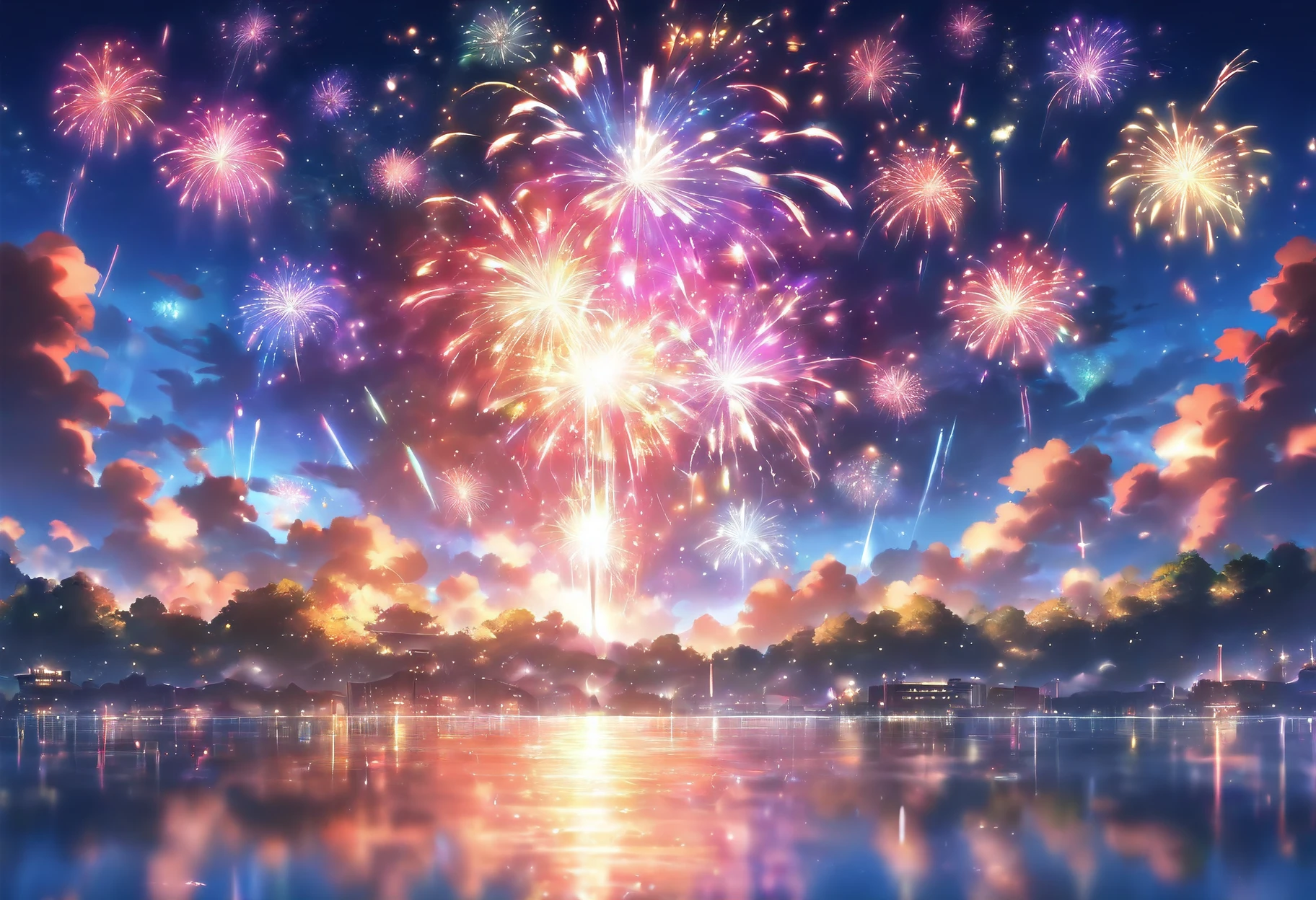 Fireworks display by the lake、Japan Fireworks Festival、lake、Fireworks in the water、Fireworks from the surface of the water、Fireworks in bloom on the surface of the water、Colorful fireworks、