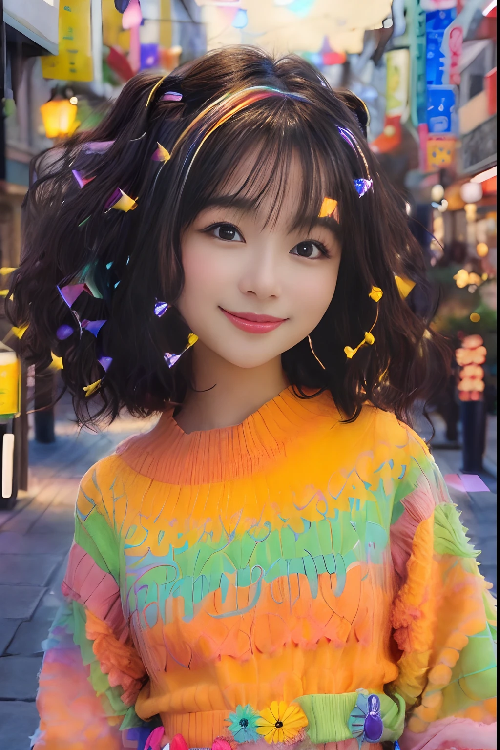 1 fille, mignon, jolie visage mignonne, peau noir metis, curly brown hair with a small yellow chee and a diagonal light of 12 ° and a large constraste of light, eyes closed, jolie sourire, dents blanche, Colorful rainbow sweater, grande boucle d'oreille arc-en-ciel, rue de tokyo, hyper realiste