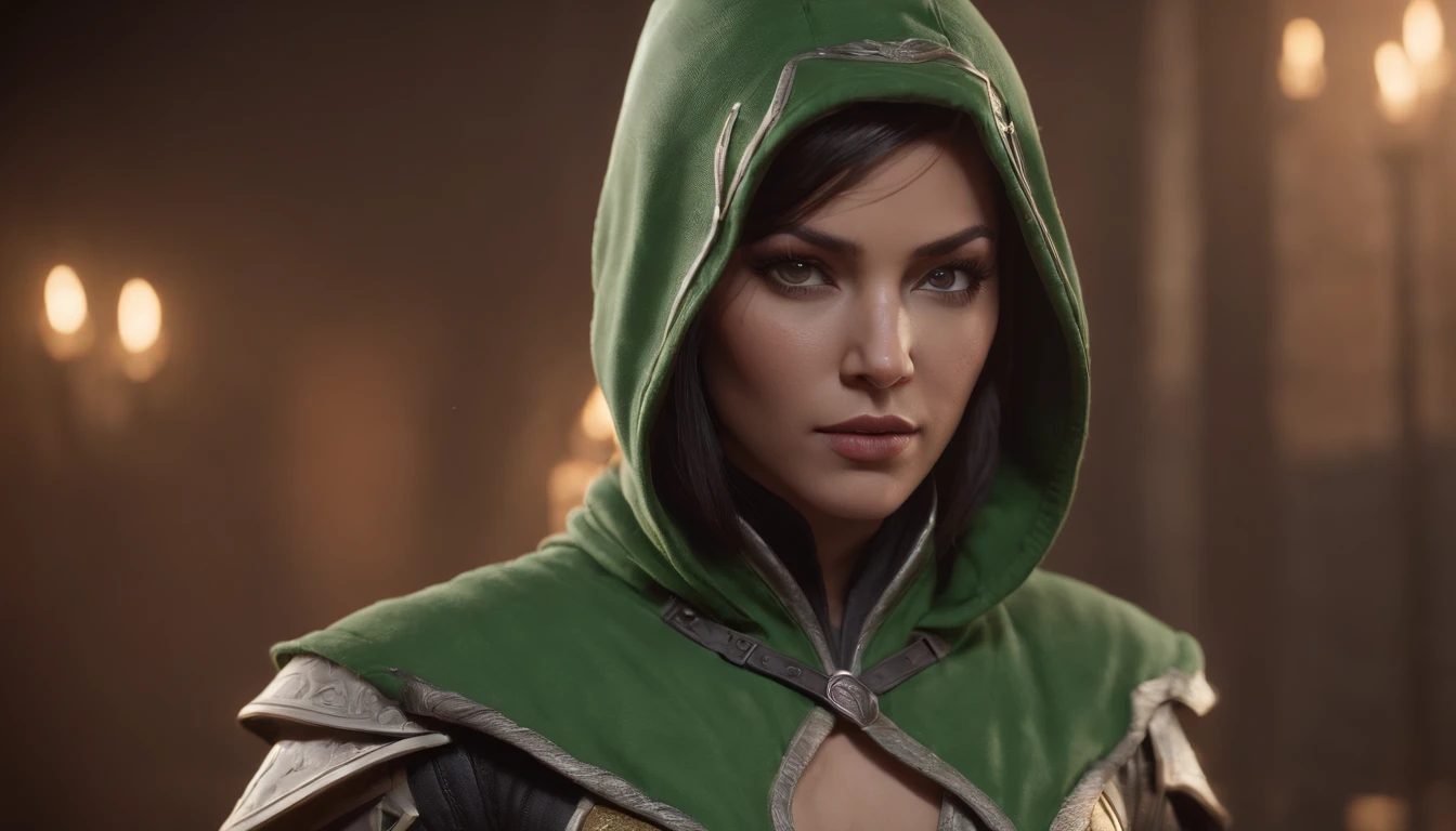 Cinematic soft lighting、Illuminates amazingly detailed and ultra-realistic close-ups of Tati Gabriel in a hooded green costume, Mortal Kombat 11, Jade from Mortal Kombat, In Mortal Kombat, mk ninja, wearing green armor and helmet, akali, fujin, that is trending on ArtStation. Octane、It's the perfect tool to capture the softest details of this 16k photography masterpiece