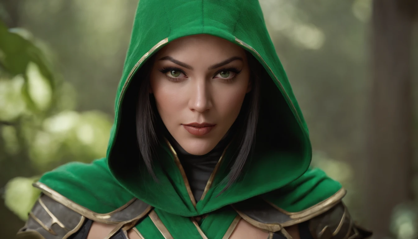 Cinematic soft lighting、Illuminates amazingly detailed and ultra-realistic close-ups of Tati Gabriel in a hooded green costume, Mortal Kombat 11, Jade from Mortal Kombat, In Mortal Kombat, mk ninja, wearing green armor and helmet, akali, fujin, that is trending on ArtStation. Octane、It's the perfect tool to capture the softest details of this 16k photography masterpiece
