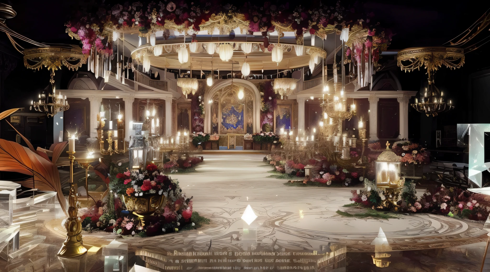 The Alalfeld Room is equipped with large flower arrangements and chandeliers, stunning arcanum backdrop, fairy tale setting, Gorgeous and complex background, intricate sparkling atmosphere, dreamy atmosphere and drama, very magical and dreamy, ornate backdrop, dreamy and detailed, dramatic theming, lavishly decorated, fantastical setting, Gothic antique theme, ornate with fiery explosions,lots of roses,crystal lamp