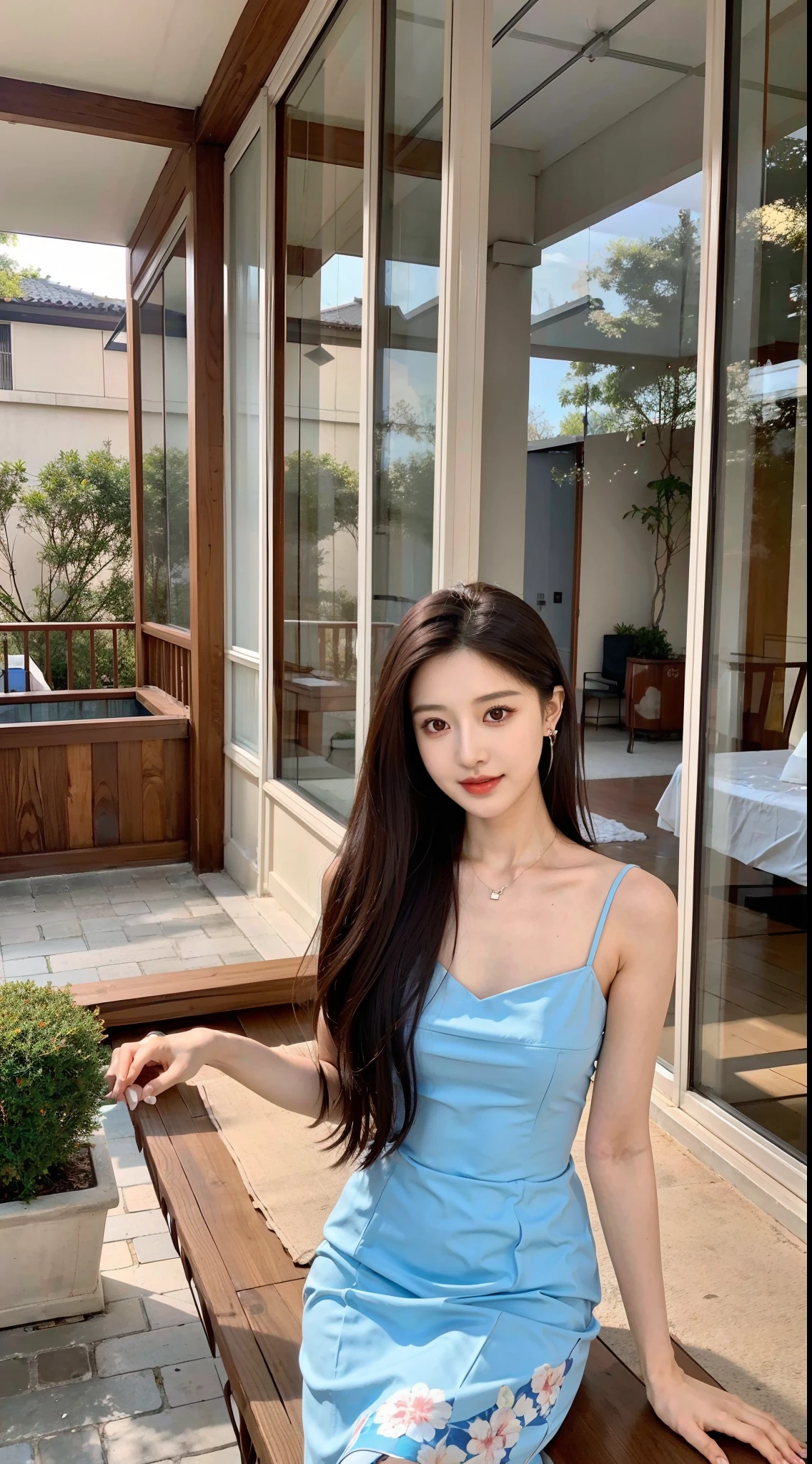 The Alafi woman standing on the balcony holds a white purse，Wearing a white and blue floral dress, bae suzy, Gorgeous young Korean woman, dressed with long fluent clothes, korean women's fashion model, Beautiful young Korean woman, beautiful Korean women, Gorgeous lady, sakimichan, ulzzangs, Open V chest clothes, Shin Jinying, tzuyu from twice