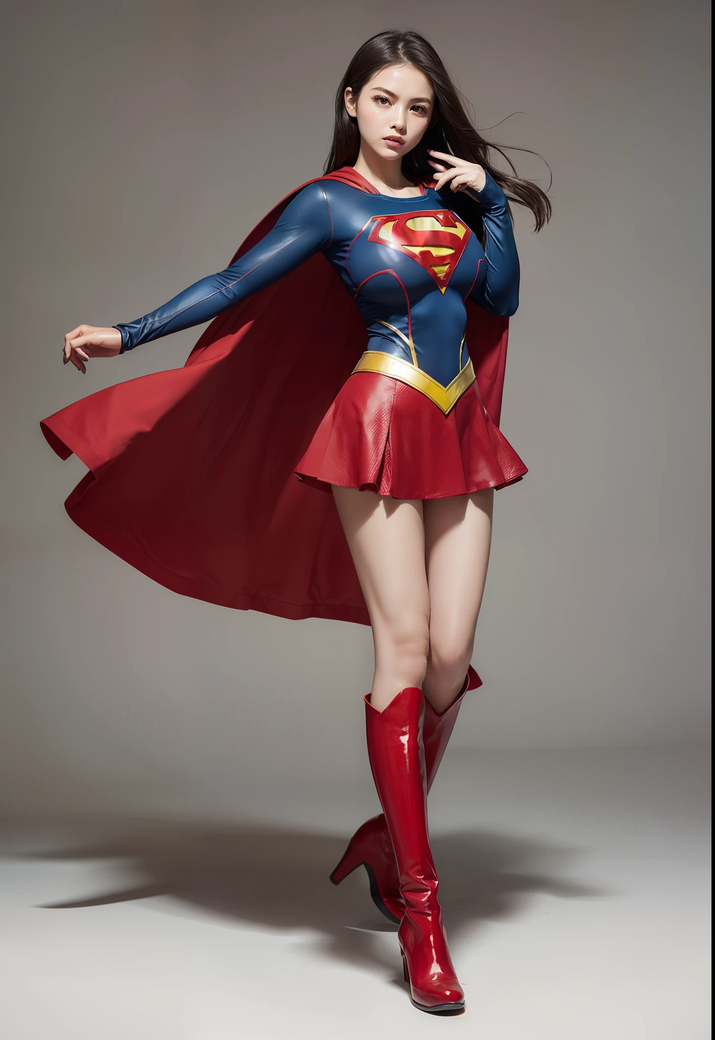 (((Make the most of the original image)))、(((Supergirl Costume)))、(((lustrous dark hair)))、(((Suffering)))、(((Feet must necessarily be worn with black tights)))、(((You need to wear red boots)))、((Top image quality、8K))、((top-quality、8K、masterpiece:1.3))、Crisp focus:1.2、Beautiful woman with perfect body shape:1.4、Slender Abs:1.2、((layers-Cut、large boob:1.2))、a wet body:1.5、Highly detailed facial and skin texture、