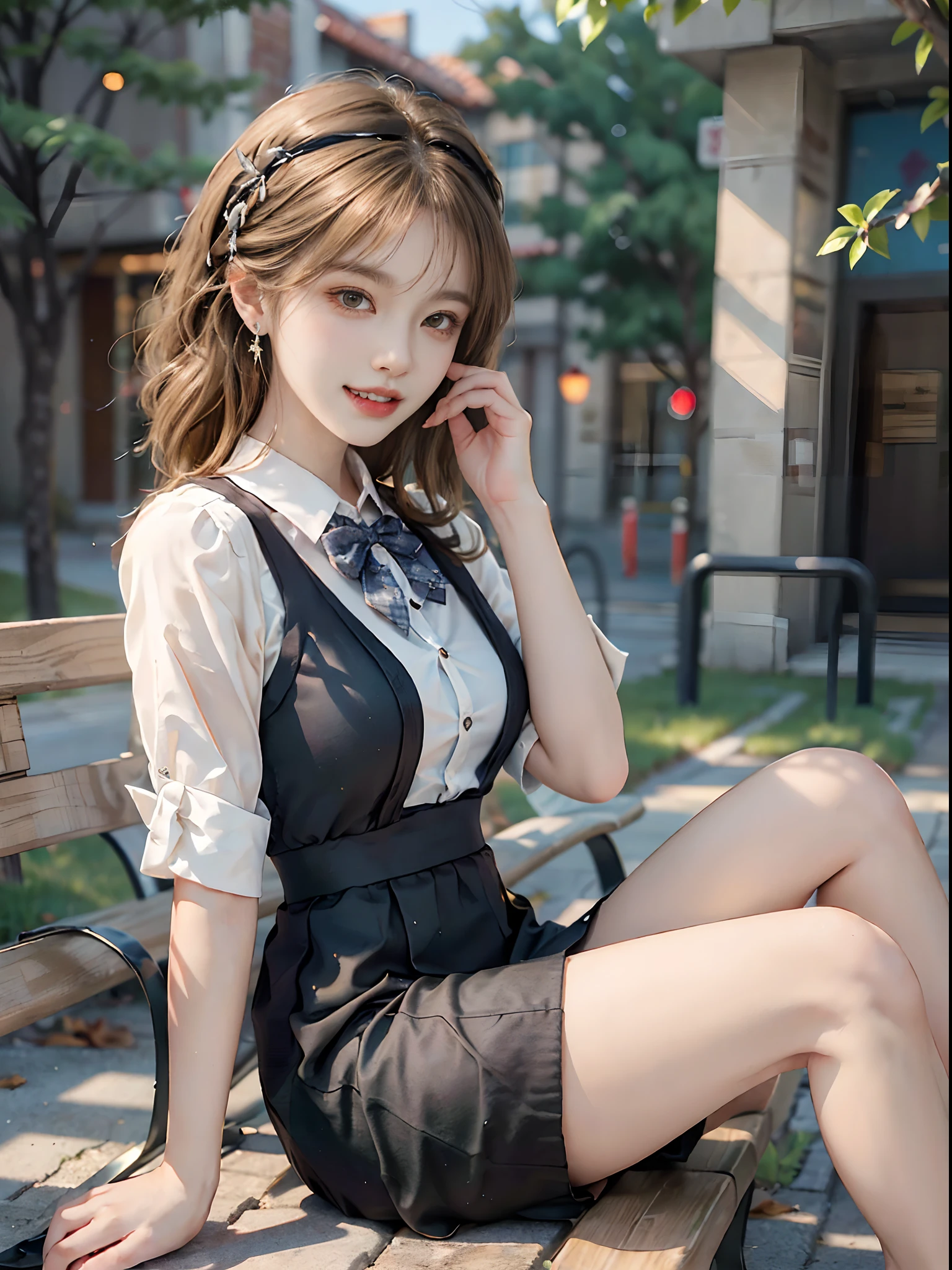 ((full body)), ((from side)), ((Sit on a park bench)), ((realistic)), 1girll, looking at viewert, Detailed scenes, curlies, Air bangs, Beautiful hair accessories, Brownish-yellow hair, ((White color blouse, Short black tight skirt, neck bowtie, high-heels)), (Campus style), warm lights, a warm color palette, Detailed details, ultra-detailliert, (tmasterpiece, best qualtiy), (An extremely delicate and beautiful work), Delicate earrings, Delicate necklace, Simple blurred background, Extreme detail description, Ultra-fine painting, Delicate face, slim toned body, (ssmile, Baring teeth)
