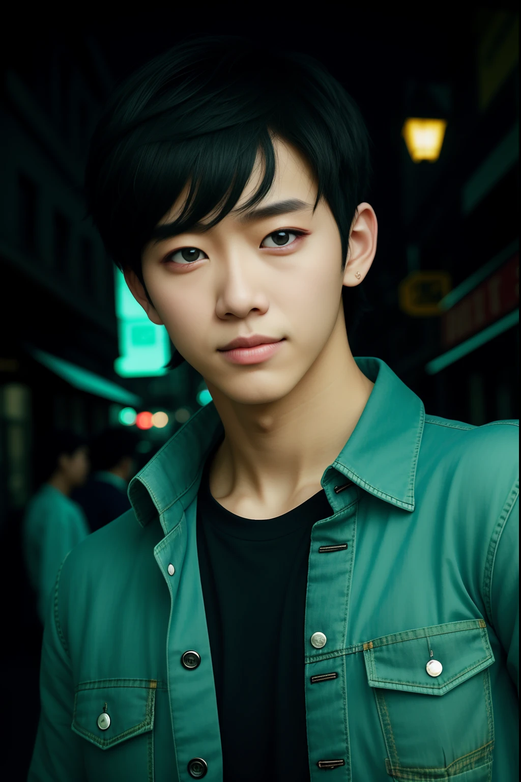 (absurderes,A high resolution,hyper-detailing,HDR),tmasterpiece,best qualtiy,1boy,handsome,with short black hair,Fine eyes and detailed face,(whitet-shirt),(Tiffany blue denim jacket),dimple,forehead,Night Street,nightcity,midynight,self-shot,Light smile,黑The eye