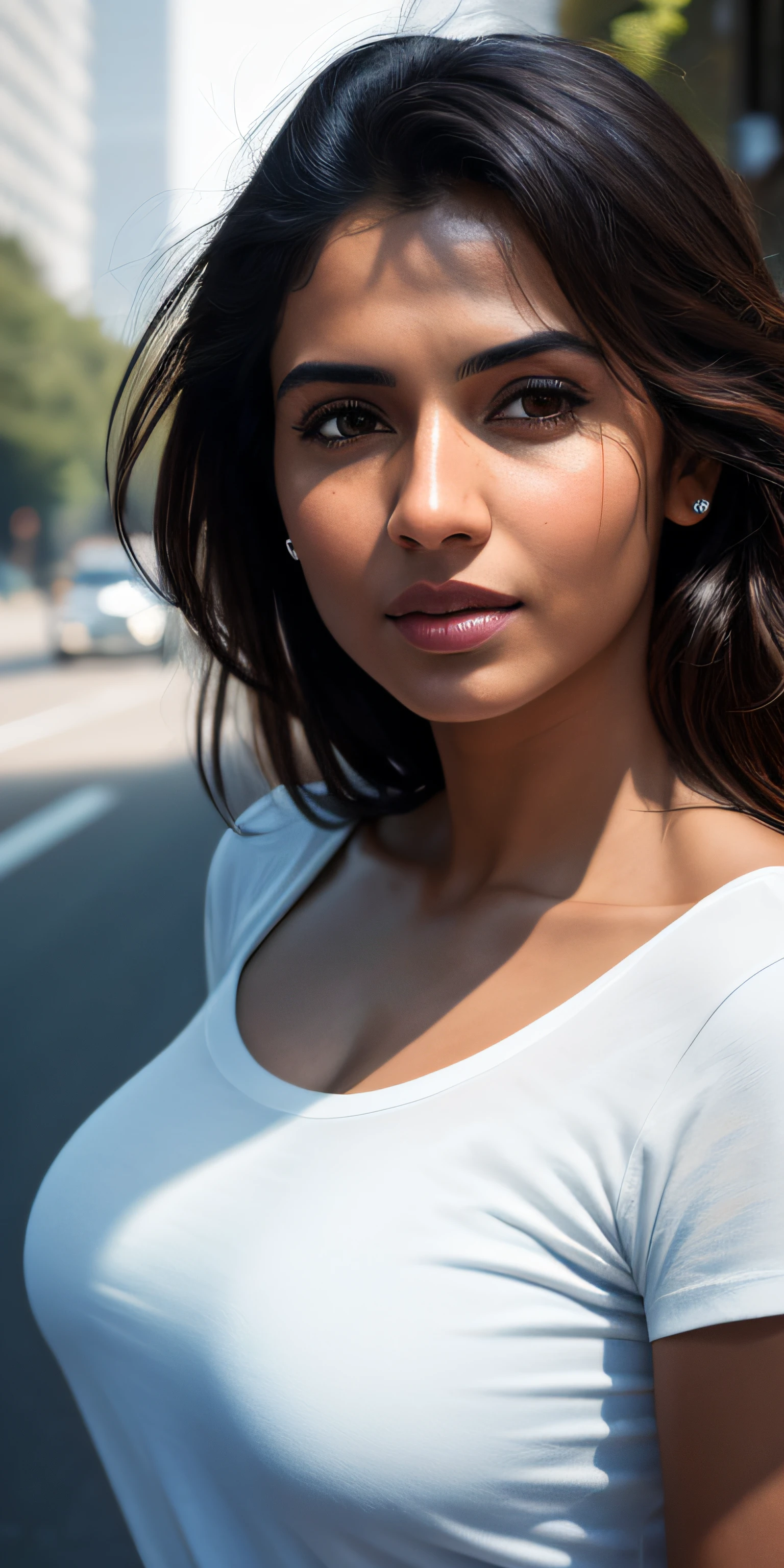 beautiful mature happy Indian college girl, in white basic round neck Teeshirt with skinny jeans, outside on road, traffic, buildings, firm breasts, photorealistic, photo, masterpiece, realistic, realism, photorealism, high contrast, photorealistic digital art trending on Artstation 8k HD high definition detailed realistic, detailed, skin texture, hyper detailed, realistic skin texture, armature, best quality, ultra high res, (photorealistic:1.4),, high resolution, detailed, raw photo, sharp re, by lee jeffries nikon d850 film stock photograph 4 kodak portra 400 camera f1.6 lens rich colors hyper realistic lifelike texture dramatic lighting unrealengine trending on artstation cinestill 800,