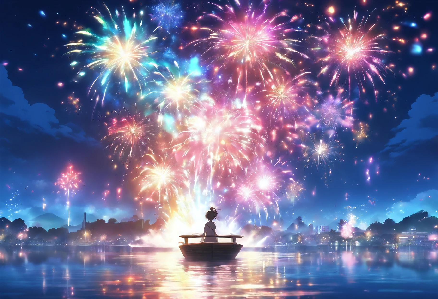 Fireworks display by the lake、Japan Fireworks Festival、lake、Fireworks in the water、Fireworks from the surface of the water、Fireworks in bloom on the surface of the water、Colorful fireworks、