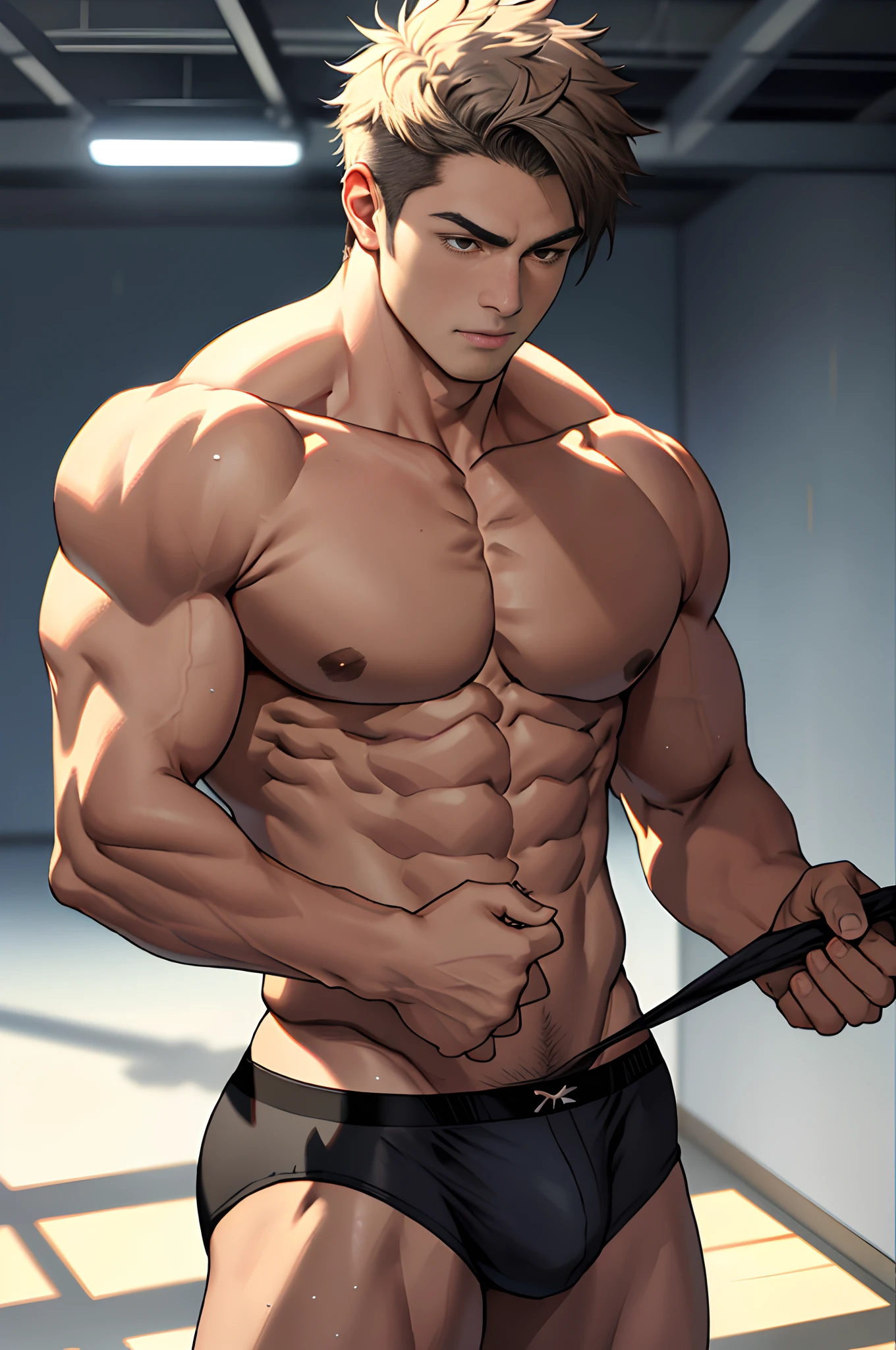 best qualtiy,tmasterpiece,face expressionless,超高分辨率,detailedbackground,realisticlying,1人,独奏,male people,musculous,Mature male,short detailed hair,Handsome looks,pull-up,full bodyesbian,Real shadows and light,depth of fields,boobgasm,Biceps,chest muscle,Abs,Sports panties,Detailed muscle texture