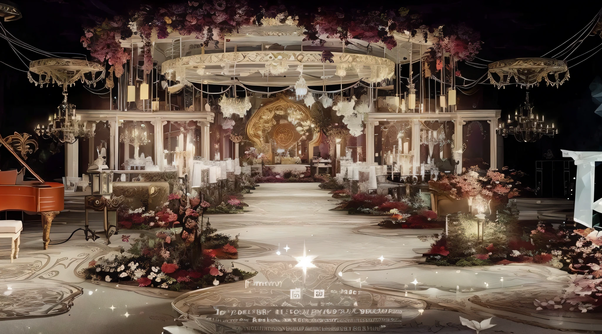 The Alalfeld Room is equipped with large flower arrangements and chandeliers, stunning arcanum backdrop, fairy tale setting, Gorgeous and complex background, intricate sparkling atmosphere, dreamy atmosphere and drama, very magical and dreamy, ornate backdrop, dreamy and detailed, dramatic theming, lavishly decorated, fantastical setting, Gothic antique theme, ornate with fiery explosions,lots of roses,crystal lamp