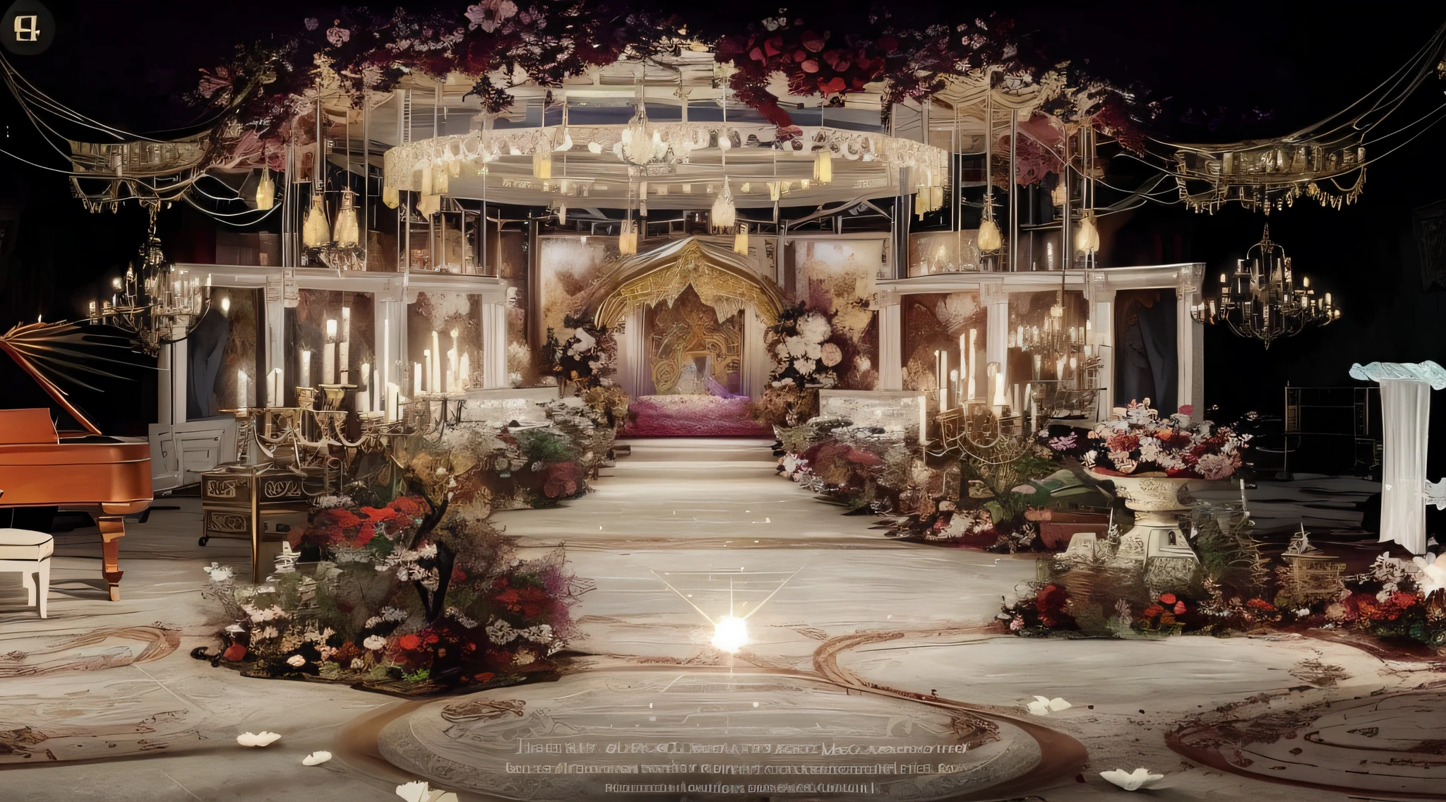 The Alalfeld Room is equipped with large flower arrangements and chandeliers, stunning arcanum backdrop, fairy tale setting, Gorgeous and complex background, intricate sparkling atmosphere, dreamy atmosphere and drama, very magical and dreamy, ornate backdrop, dreamy and detailed, dramatic theming, lavishly decorated, fantastical setting, Gothic antique theme, ornate with fiery explosions，lots of roses，crystal lamp