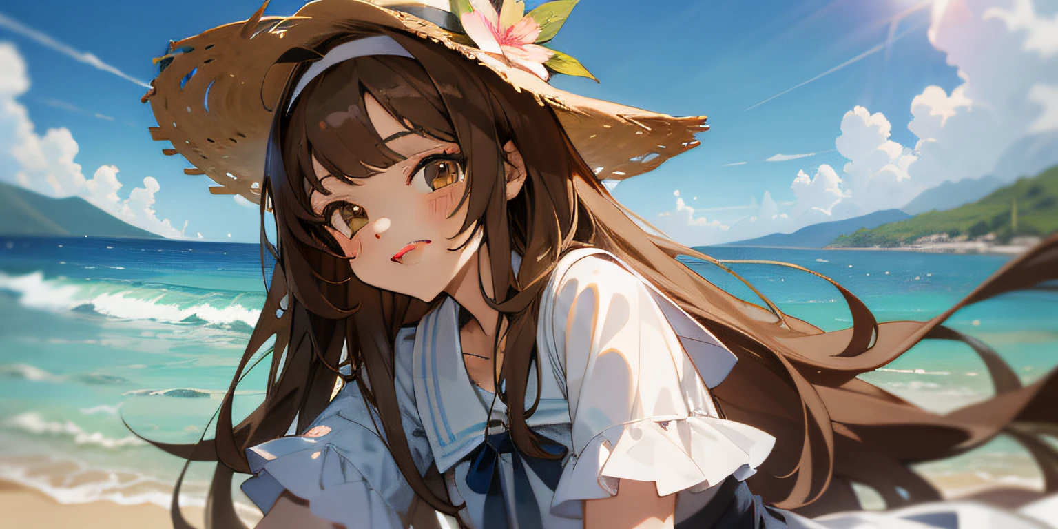 masterpiece, best quality, day, in summer, sun, sea, in hawaii, landscape, beautiful detailed sky, beautiful detailed water, on the beach, girl, solo, bishoujo, long hair, brown hair, ahoge, bangs, long bangs, blunt bangs, lolita hairband, grin, brown eyes, whitedress, hat, bare legs, v, peace symbol , full-length picture
