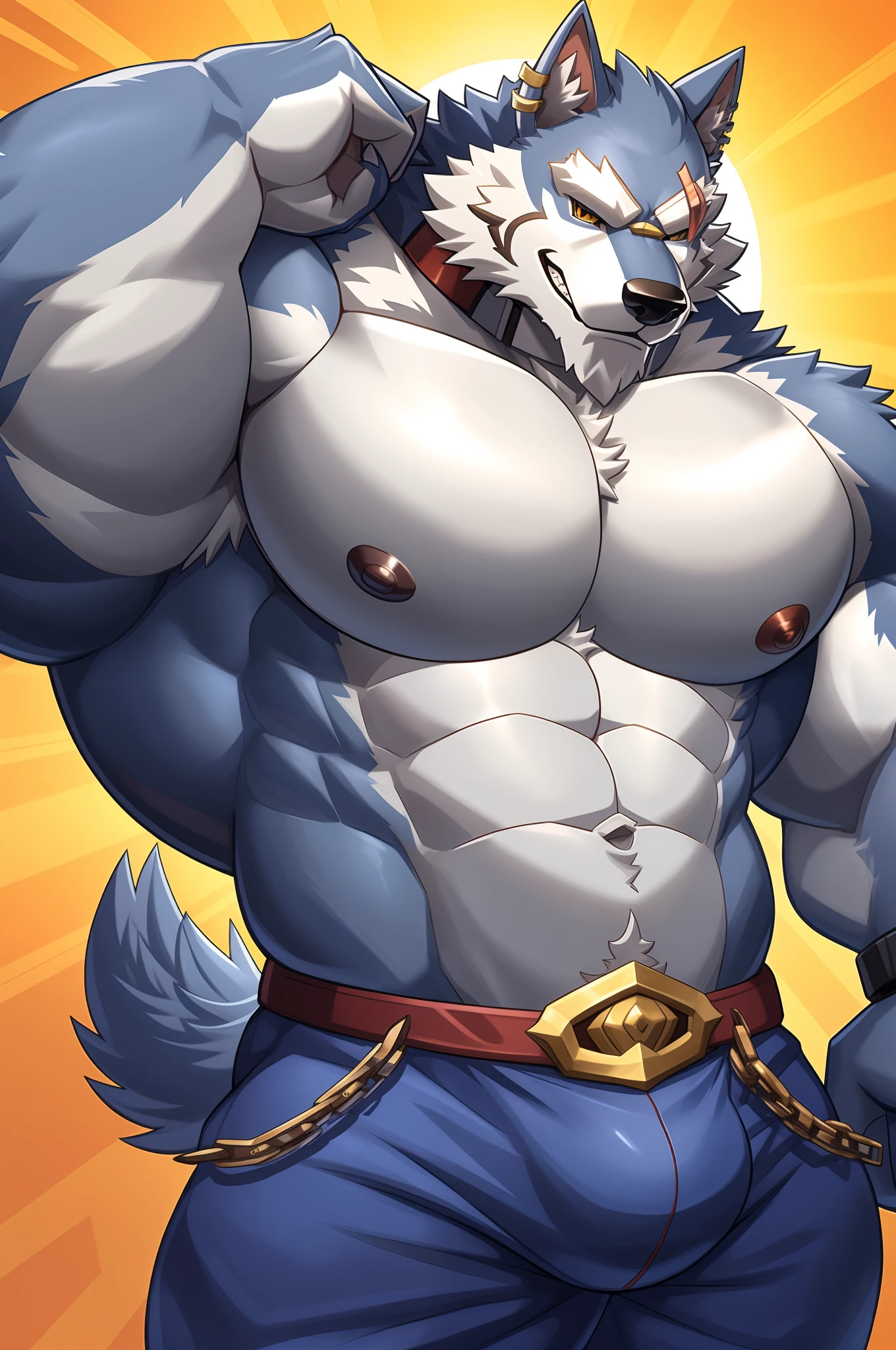 um close up de um desenho animado de um homem com um lobo no peito, lobisomem musculoso, sfw version, peito fofo, Commission for High Res, corpo peludo, peito peludo, super buff e cool, arte peluda pov, full body commission for, lobo peludo, not shirt :: High detail, anthropomorphic wolf male, Gigachade Muscular, Big biceps
