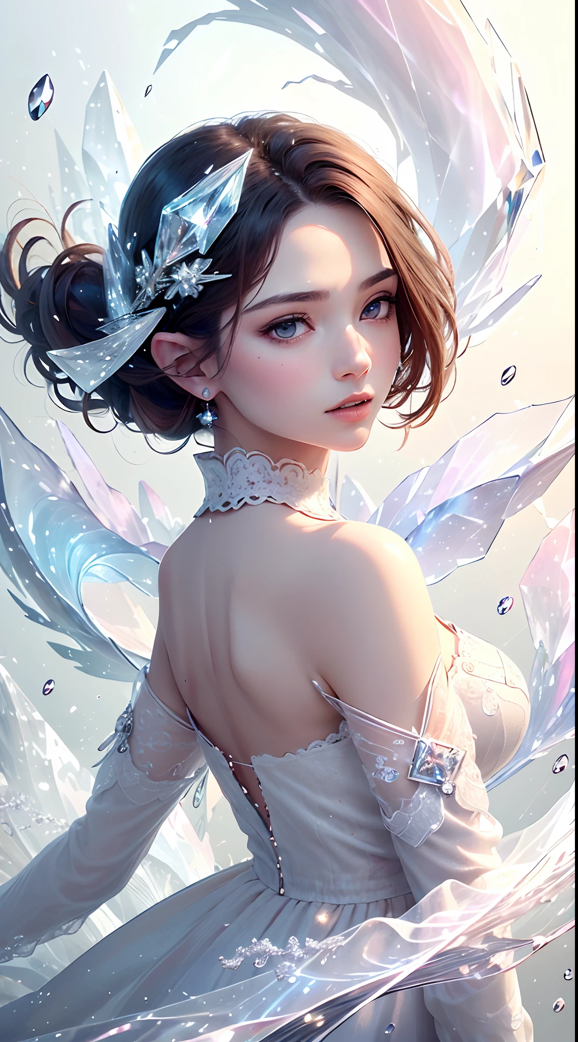 (Masterpiece, Top Quality, Best, Official Art, Beautiful and Aesthetic, Long Exposure: 1.2), Smooth Movement, Charming Patterns, 1 Girl, (Long Dress with Sleeves: 1.3), (((White Clothes) )), upper body close-up, bare shoulders, Chinese girl, blush, black lob hair, portrait, solo, upper body, looking at the observer, detailed background, detailed face, (crystallineAI, crystalline theme:1.1), elemental wind elves, rotation Wind, control the wind, white crystal clothing, dynamic pose, floating particles, ethereal dynamics, whirlwind, vapor, whirlwind in the background, white tone, whirlwind, ethereal atmosphere,