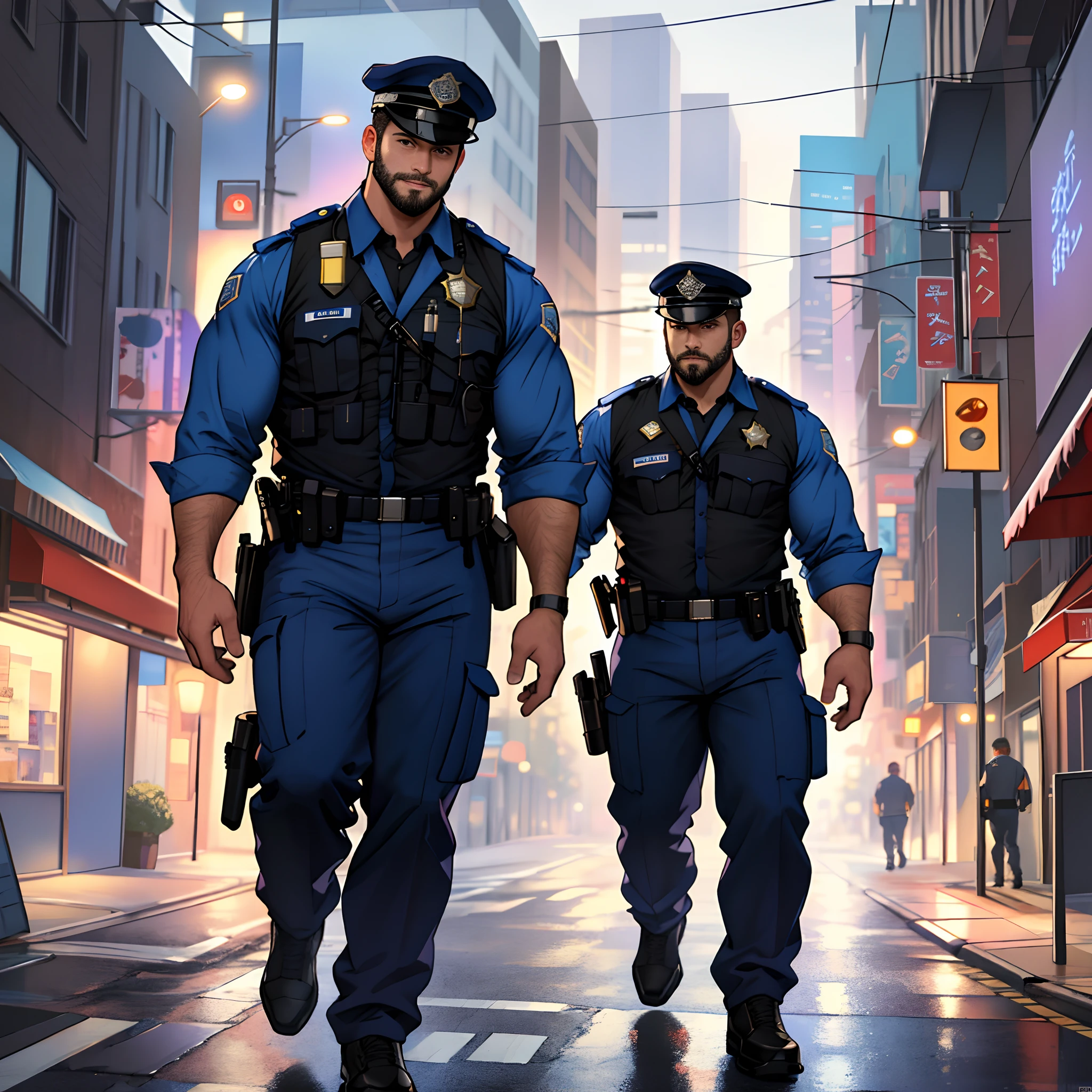 best quality, masterpiece, super high resolution, detailed background, realism, illustrations, single, 1 boy, street, muscle, volumetric lighting, depth of field, facial hair, full body, police uniform
