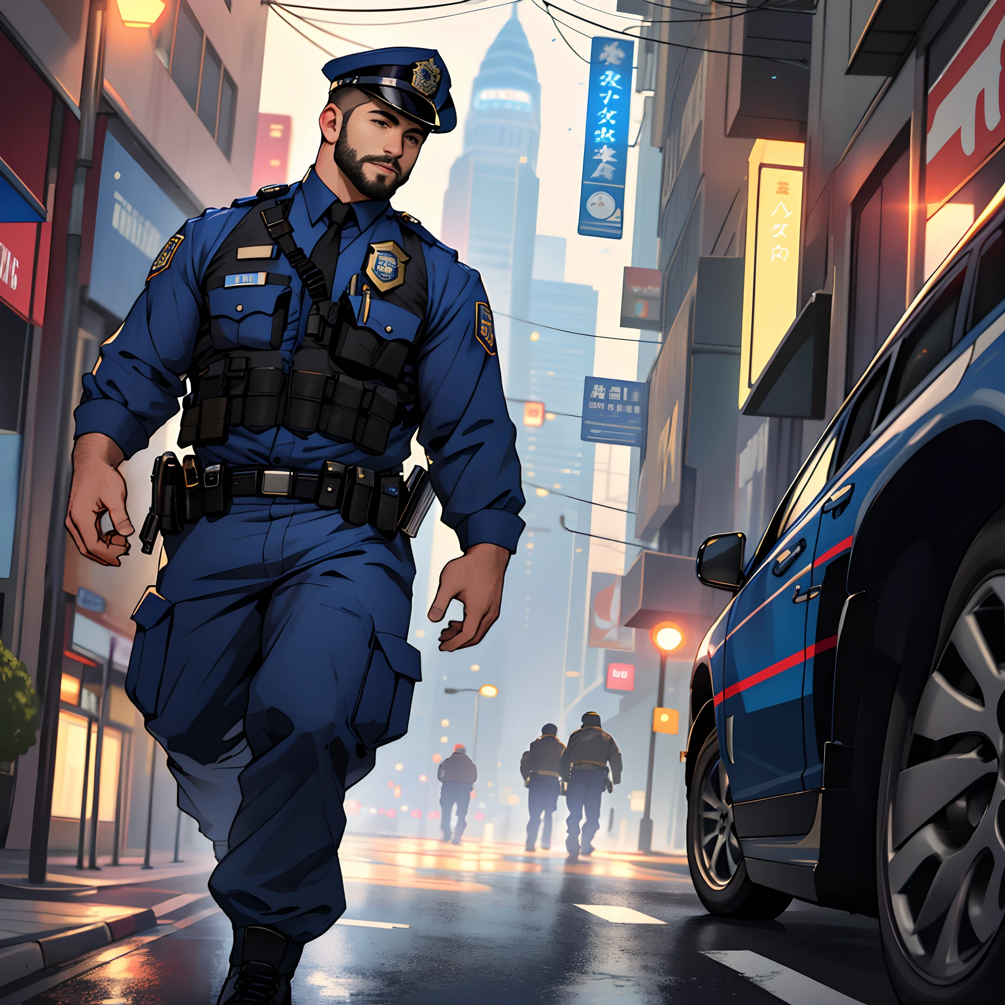 best quality, masterpiece, super high resolution, detailed background, realism, illustrations, single, 1 boy, street, muscle, volumetric lighting, depth of field, facial hair, full body, police uniform