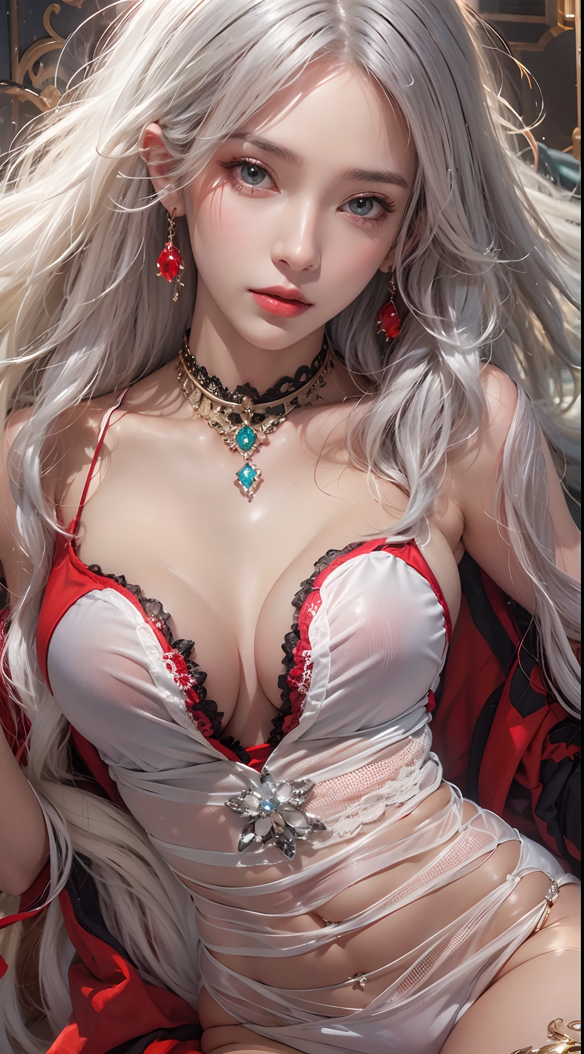 Photorealistic, high resolution, 1 woman, hips up, Beautiful eyes, Long hair, ringed eyes, jewelry, tattoo, white hair, thick thighs, red lace leotard
