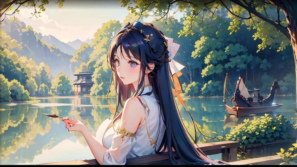 Beautiful girl drawn with high precision, wallpaper, summer pond, pond, boat, afternoon sun, pond background, depth of field, hot weather, high resolution details, wet watermark, super detail, film, surrealism, soft light, deep field focus bokeh, ray tracing, diffuse (ultra-fine glass reflection), surrealism. , night, moonlight --v6