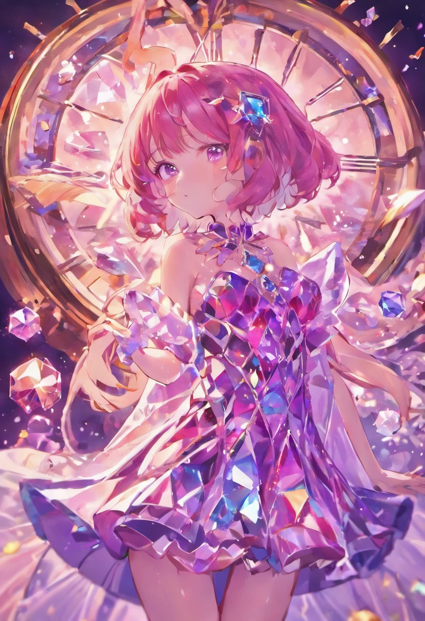 (((crystals texture Hair))),{{{{{Extremely detailed CG}}}}},{{8K_the wallpaper}},{{{{Crystalline purple gemstone gloves}}}},((Beautiful detailed glass hair)),((Glass shaped texture hand)),((crystallize texture body)),gem body,Hands as clear as jewels,crystallization of clothes,((crystals texture skin)),Sparkle, Lens flare, light leaks, Broken glass,{{{{detailed glass shaped clothes}}}}, ((Masterpiece)), (((Best quality))), ((Ultra-detailed)), ((illustration)), ((Disheveled hair)), ((frilld)), (1 girl), (Solo), Dynamic Angle, big top sleeves, Floating, beautiful detailed gemstone sky, gemstone sea, Beautiful detailed eyes, Overexposure, side blunt bangs, hairs between eyes, Ribbons, neck bowtie, macarons, Bare shoulders, (((Small breast))), Pleated skirt, crystals texture flowers, ((detailed crystallized clothing)),(gemstone of body),solofocus,{{{{{{{{Iridescence and rainbow hair:2.5}}}}}}},{{{{{{detailed cute anime face}}}}}},{{}},{{{{{aquarelle_(mediating)}}}},(((Masterpiece))),(((clock))),(((Red))),(((Blood))),finedetail,Depth of field,Blood drop,Blood fog