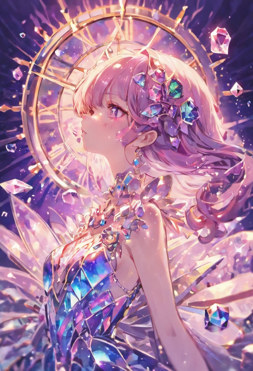 (((crystals texture Hair))),{{{{{Extremely detailed CG}}}}},{{8K_the wallpaper}},{{{{Crystalline purple gemstone gloves}}}},((Beautiful detailed glass hair)),((Glass shaped texture hand)),((crystallize texture body)),gem body,Hands as clear as jewels,crystallization of clothes,((crystals texture skin)),Sparkle, Lens flare, light leaks, Broken glass,{{{{detailed glass shaped clothes}}}}, ((Masterpiece)), (((Best quality))), ((Ultra-detailed)), ((illustration)), ((Disheveled hair)), ((frilld)), (1 girl), (Solo), Dynamic Angle, big top sleeves, Floating, beautiful detailed gemstone sky, gemstone sea, Beautiful detailed eyes, Overexposure, side blunt bangs, hairs between eyes, Ribbons, neck bowtie, macarons, Bare shoulders, (((Small breast))), Pleated skirt, crystals texture flowers, ((detailed crystallized clothing)),(gemstone of body),solofocus,{{{{{{{{Iridescence and rainbow hair:2.5}}}}}}},{{{{{{detailed cute anime face}}}}}},{{}},{{{{{aquarelle_(mediating)}}}},(((Masterpiece))),(((clock))),(((Red))),(((Blood))),finedetail,Depth of field,Blood drop,Blood fog